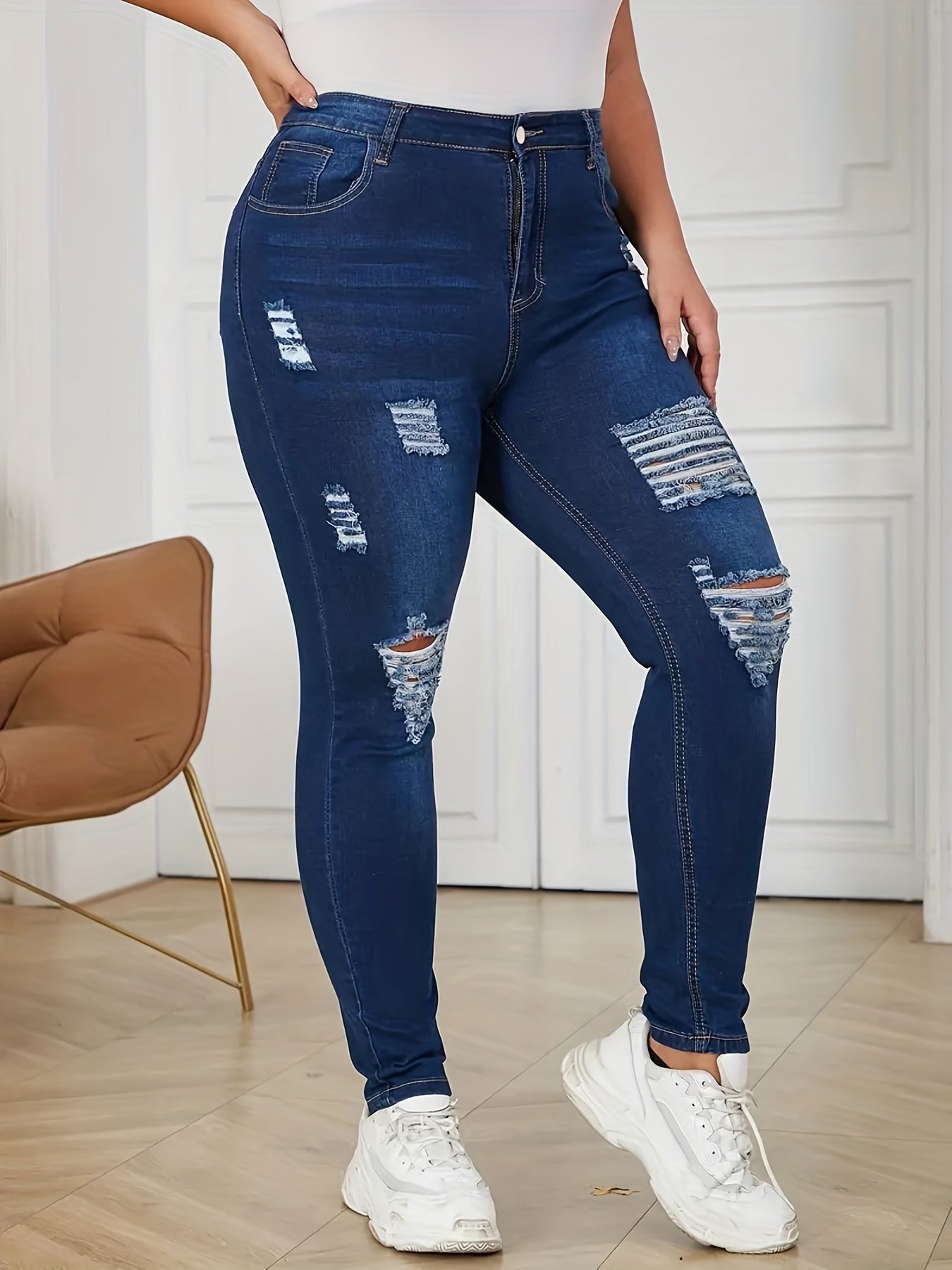Plus Size Ripped High Rise Button Fly Skinny Jeans