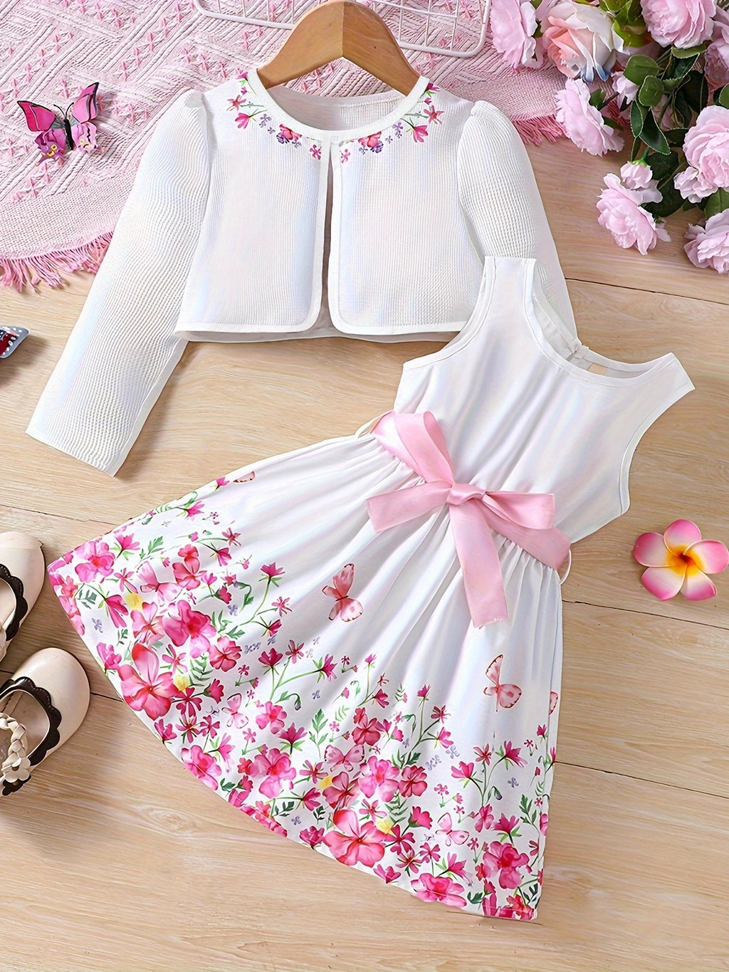 Girls' Autumn and Winter Cardigan Jacket with Vest Print Dress Set, Back-to-School Campus Fashion Outfit