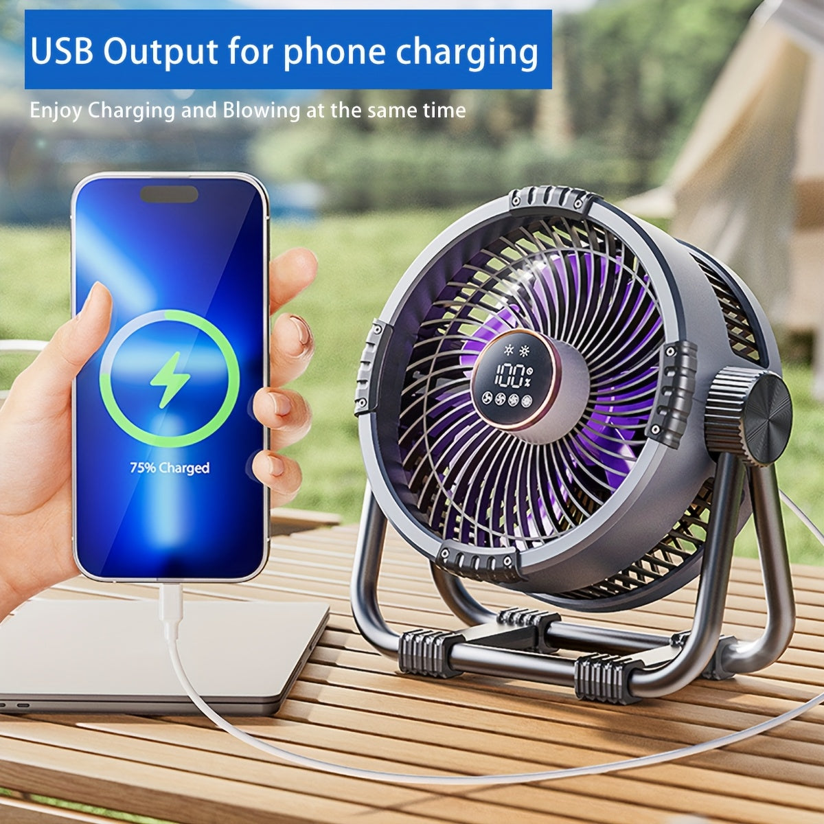 Storm Outdoor Fan - 30ft Cold Wind, 20000mAh Battery, LED Lantern, Phone Charger