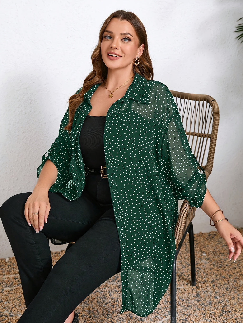 Chic Plus Size Polka Dot Blouse with Cuffed Long Sleeves