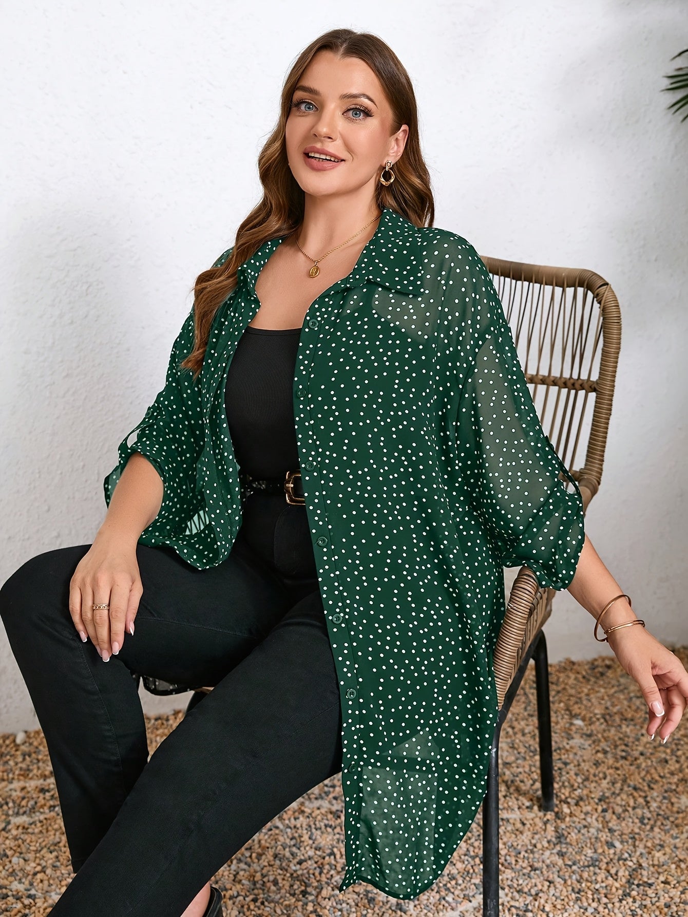 Chic Plus Size Polka Dot Blouse with Cuffed Long Sleeves