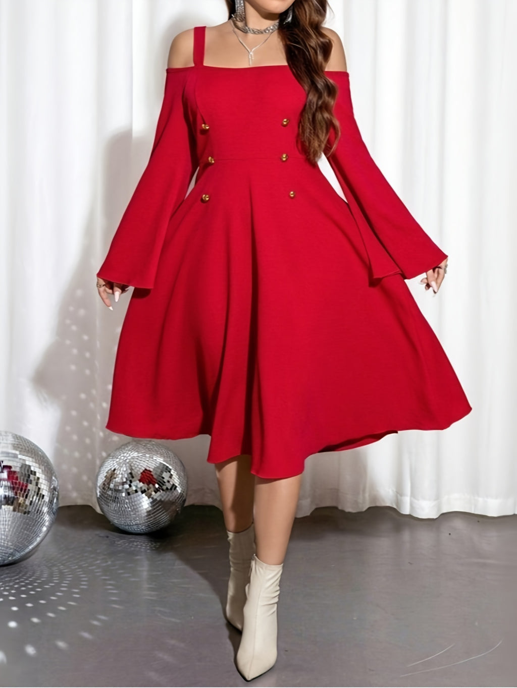 Plus Size Elegant Off-Shoulder Long Sleeve Flared Dress for Christmas New Year Party Dress