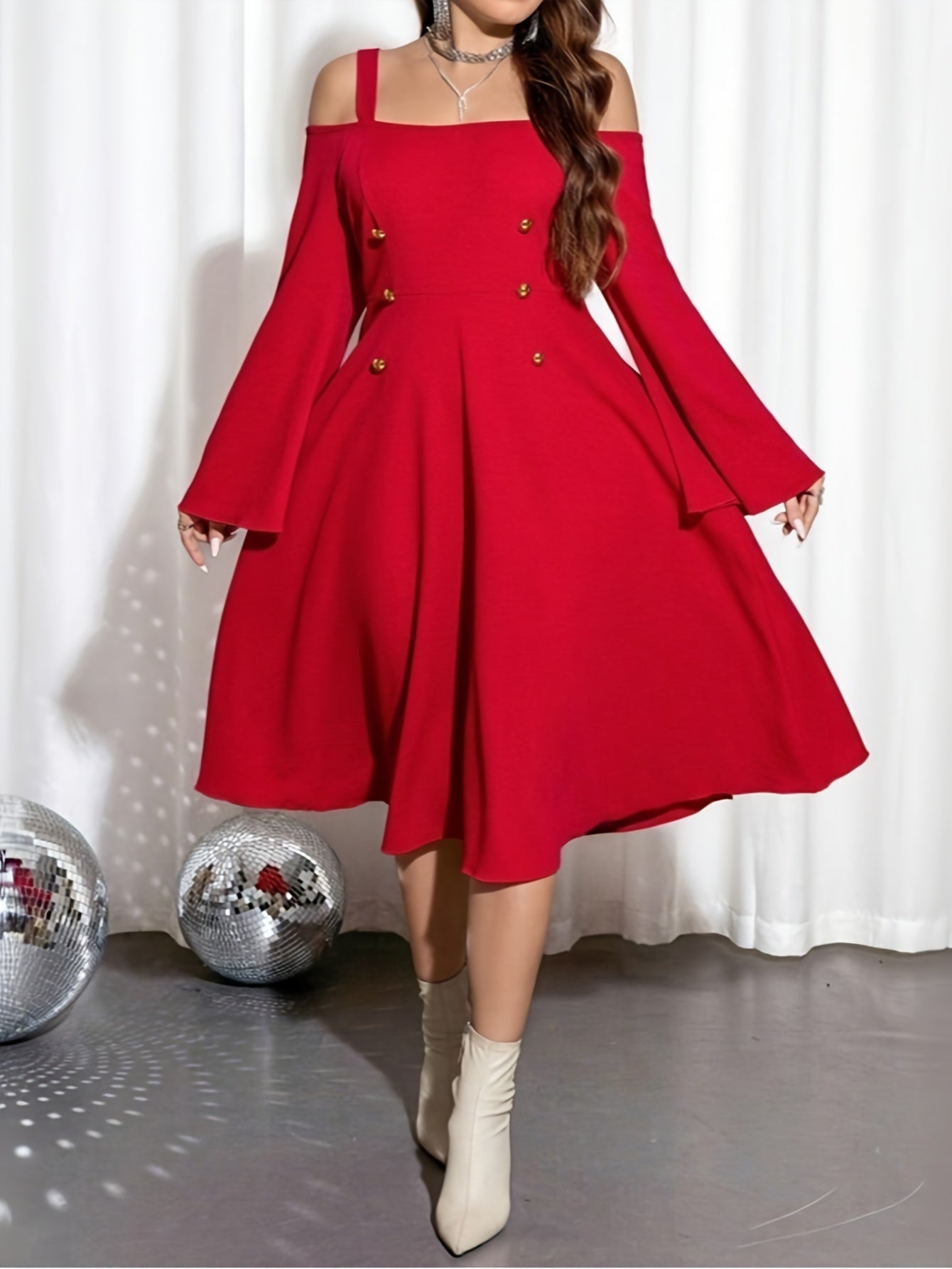 Plus Size Elegant Off-Shoulder Long Sleeve Flared Dress for Christmas New Year Party Dress