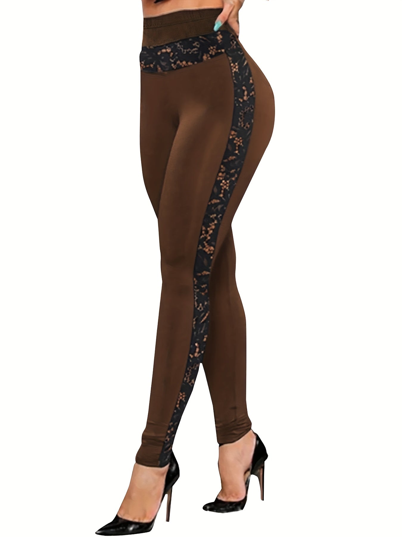 Women's High-Waist Pants with Lace Trim - Stretchy Legging