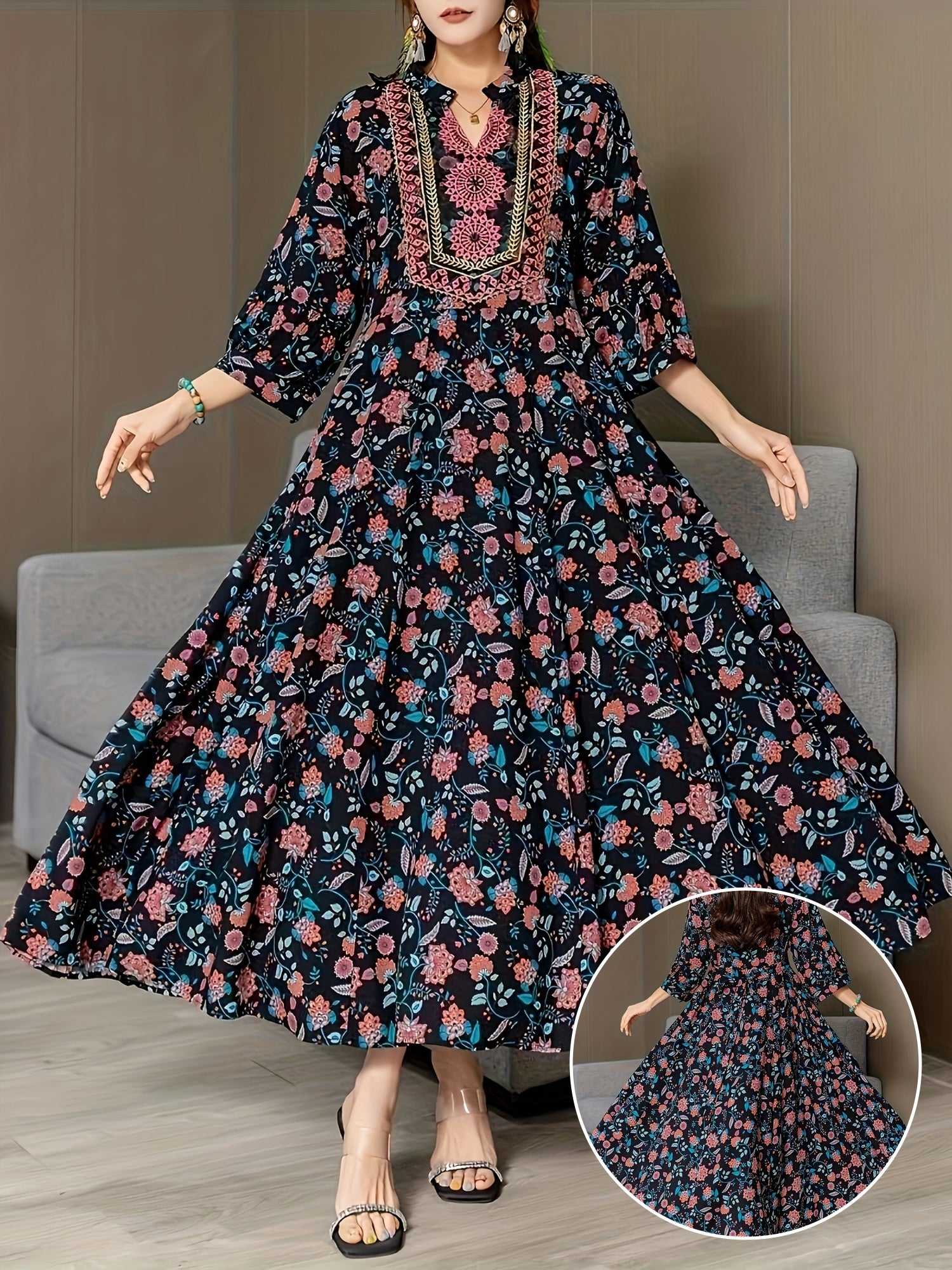 Middle Eastern Style Polyester Blend Elegant V-Neck Embroidered Dress with Belt
