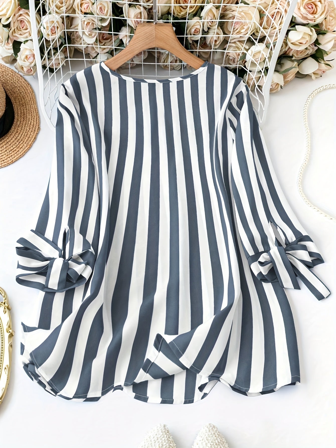 Elegant Notched Necktie Cuff Top for Women's Plus Size