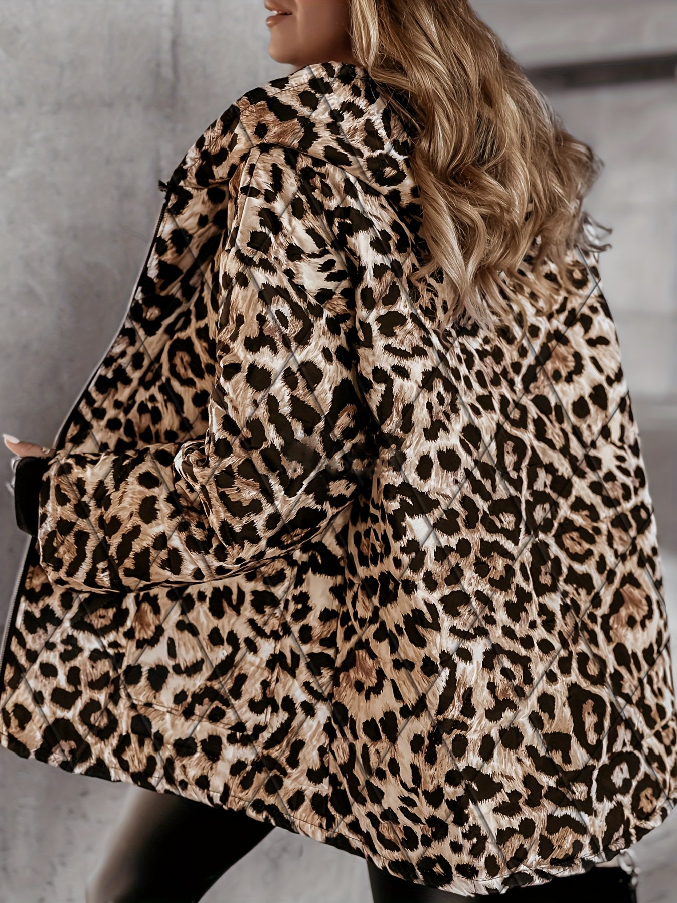 Plus Size Oversized Leopard Print (Brown/Black) Full-Zip Hooded Winter Jacket for Women