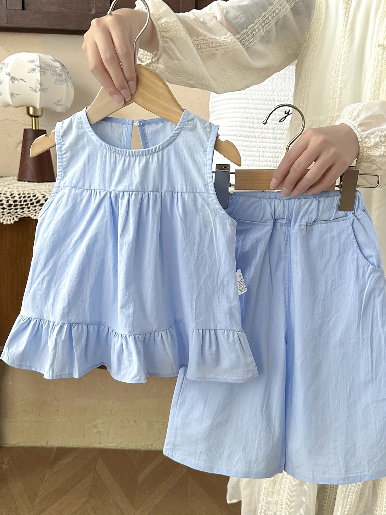 2pcs Wide Shoulder Dress and Shorts Set for Girls, Summer Lightweight Solid Color