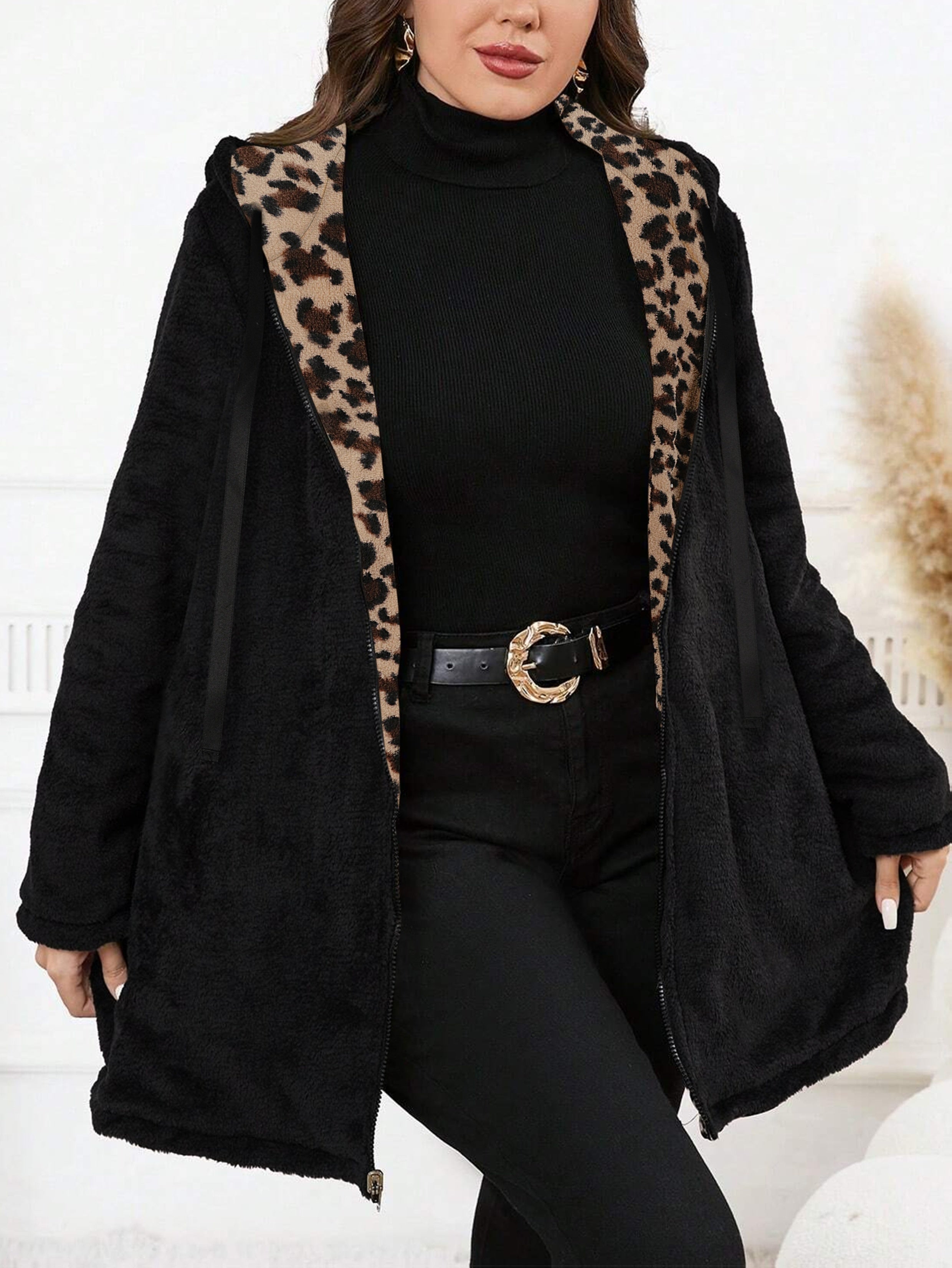 Plus Size Oversized Reversible Leopard Print Fleece Hoodie for Women