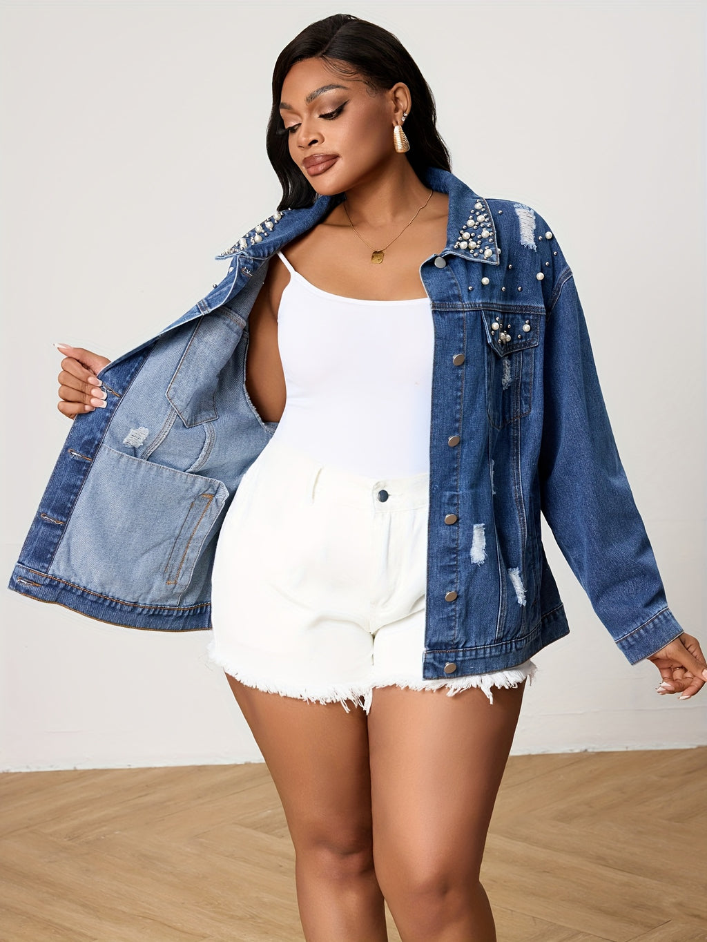 Plus-Size Unique Pearl Distressed Women's Jacket