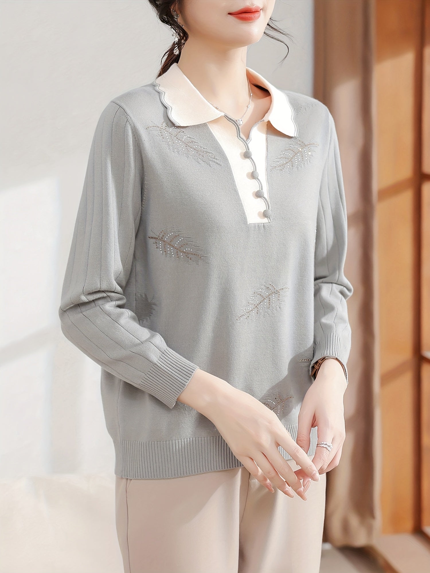 Women'S Elegant V-Neck Sweater - Lightweight Breathable Long Sleeve Blouse with Classic Collar