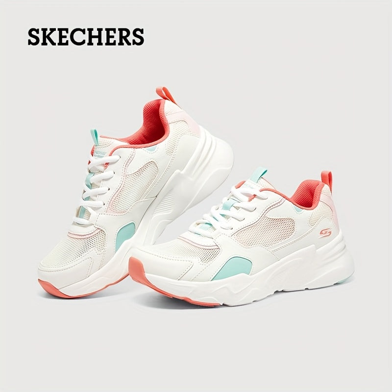 Skechers Women's Breathable Mesh Casual Sneakers - White Low-Top Lace-Up Shoes with Colorful Accents, Comfortable Fabric