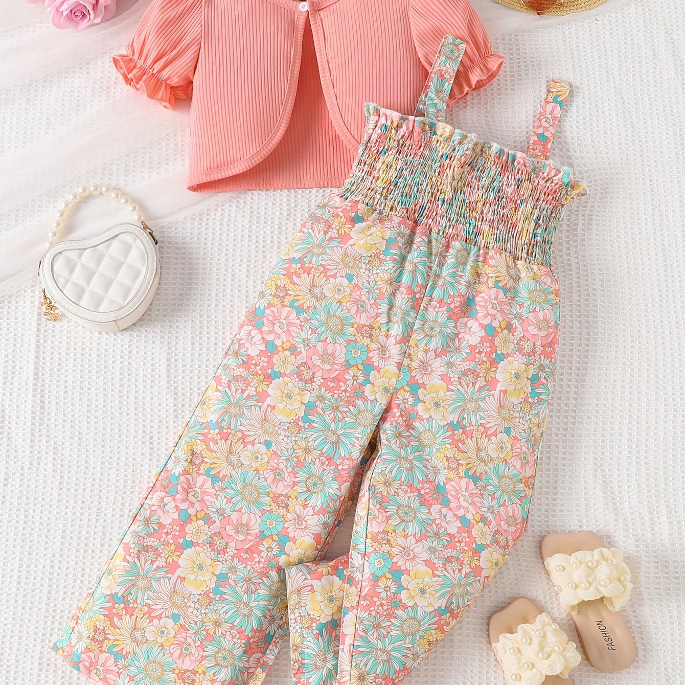 Summer Floral Print Pleated Suspender Jumpsuit for Girls
