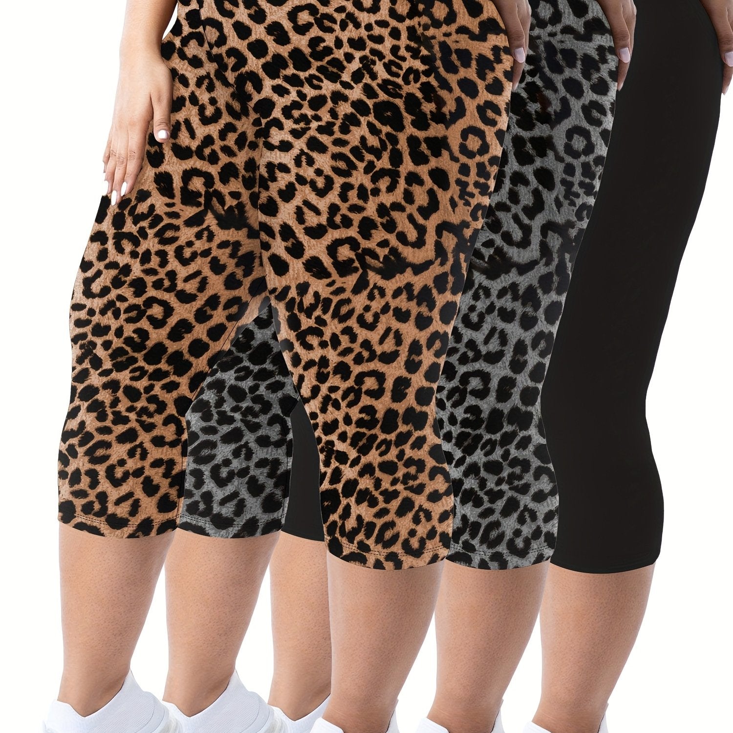 Plus Size - 3pcs High-Waist Capri Leggings for Women