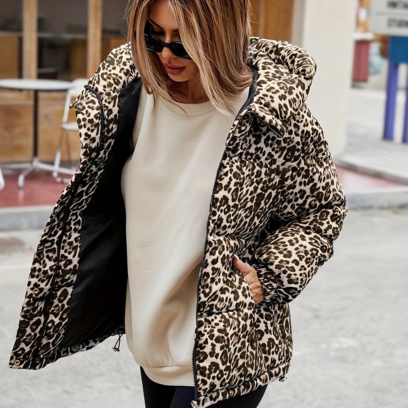 Women's Plus Size Winter Leopard Print Full-Length Zip Hooded Jacket