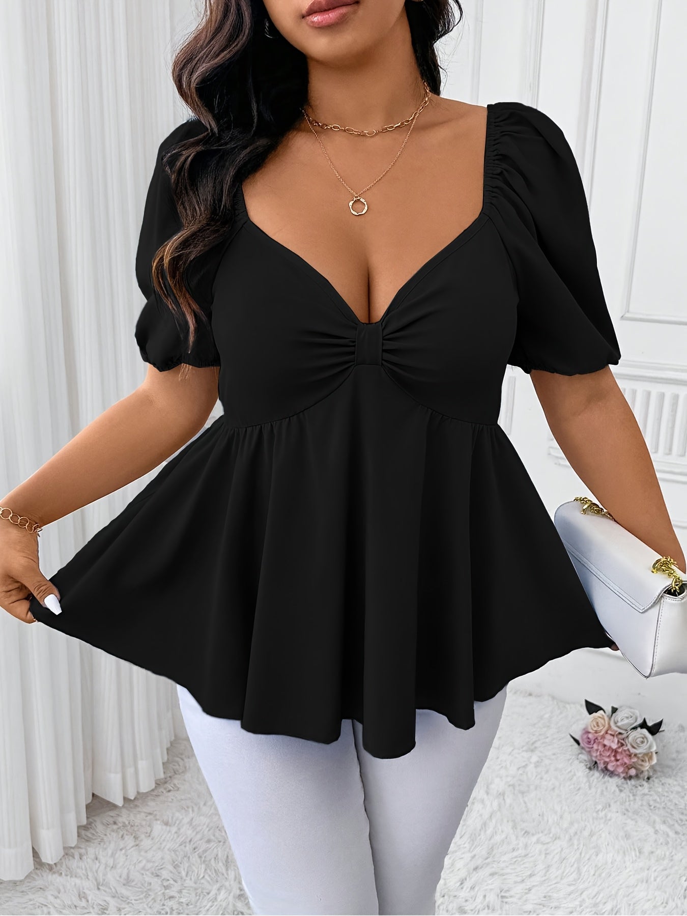 Elegant Plus Size Women's Deep V-Neck Blouse - Short Sleeve