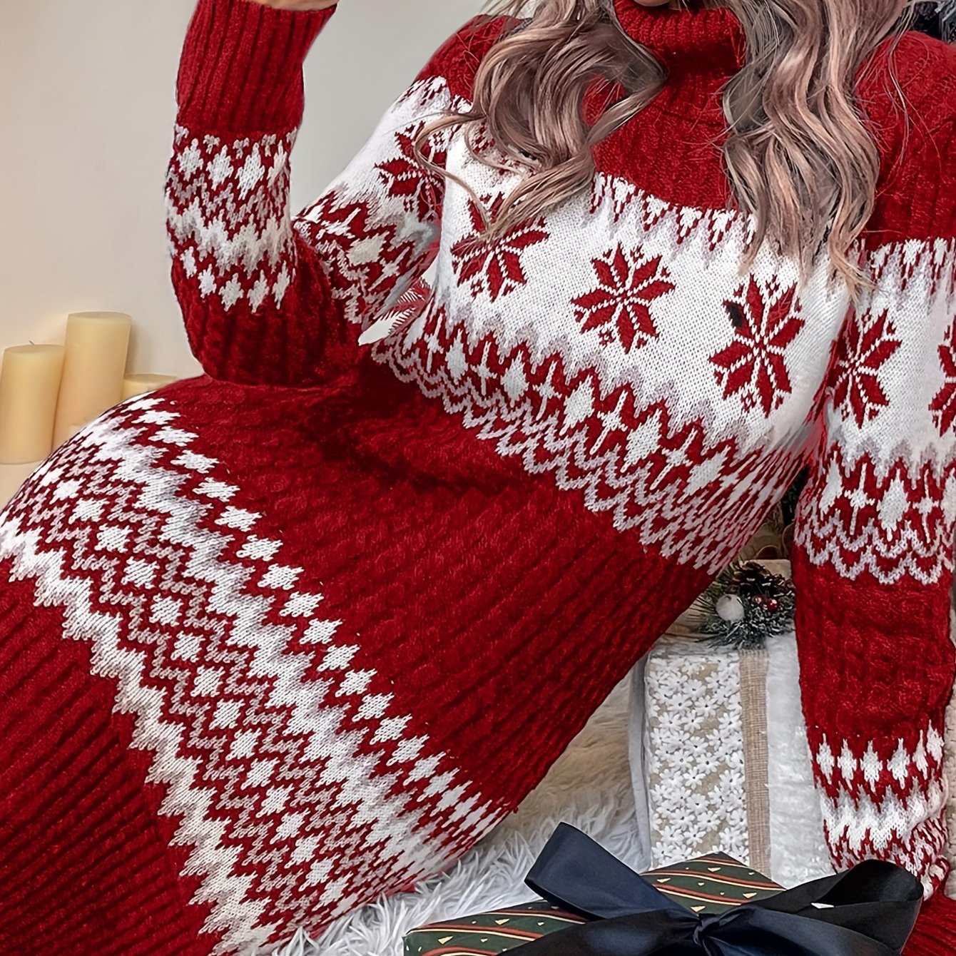 Women's Christmas Sweater Dress - Red & Snowflake Pattern, High Neck Long Sleeve Winter