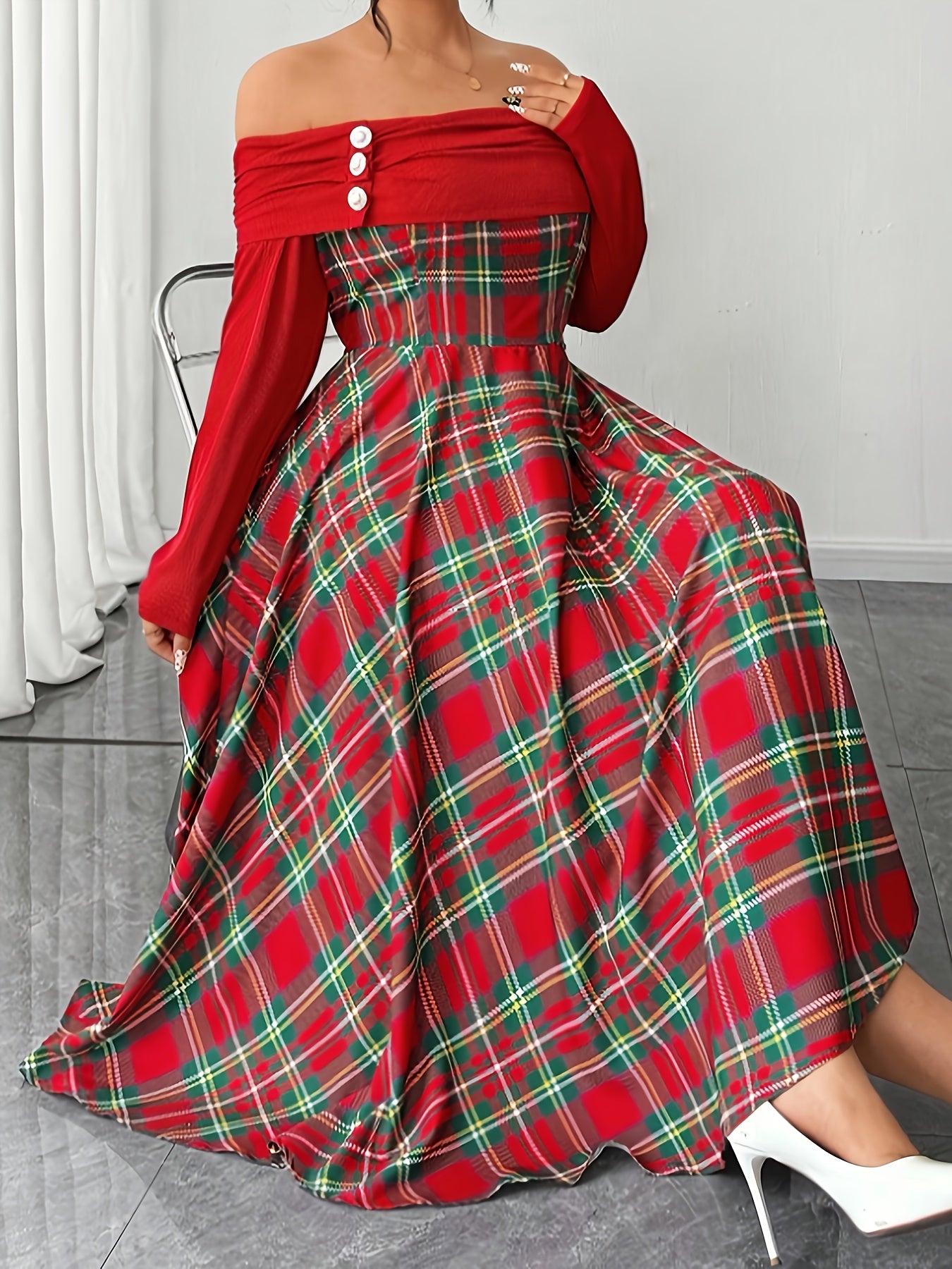 Plus Size Women's Off the Shoulder Long Sleeve Plaid Dress with Faux Pearl Buttons Suitable for Halloween, Chinese New Year, Christmas,