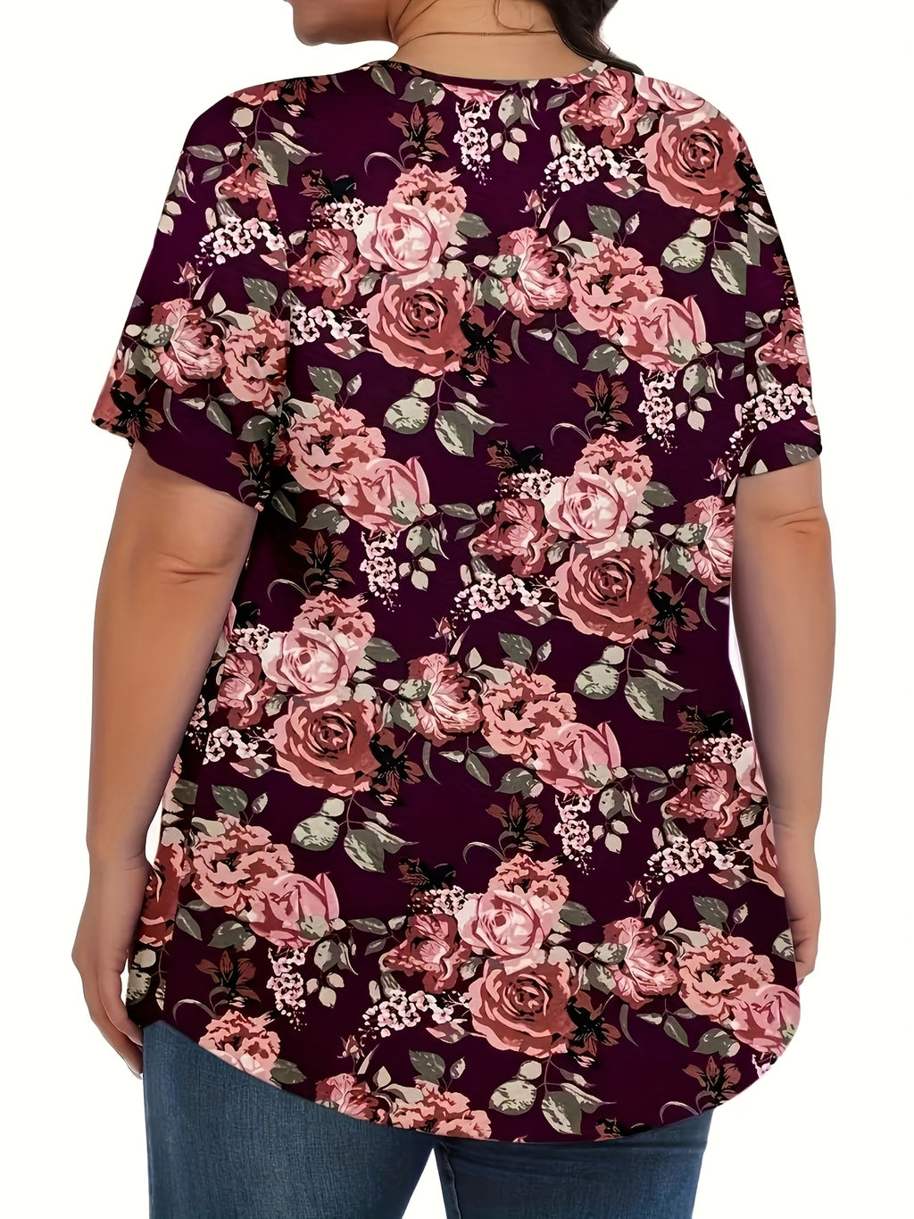 Women's Plus Size V-Neck Blouse - Middle Eastern-Inspired Floral Print Digital, Stretchy Machine-Washable Fabric, All-Season Casual & Formal