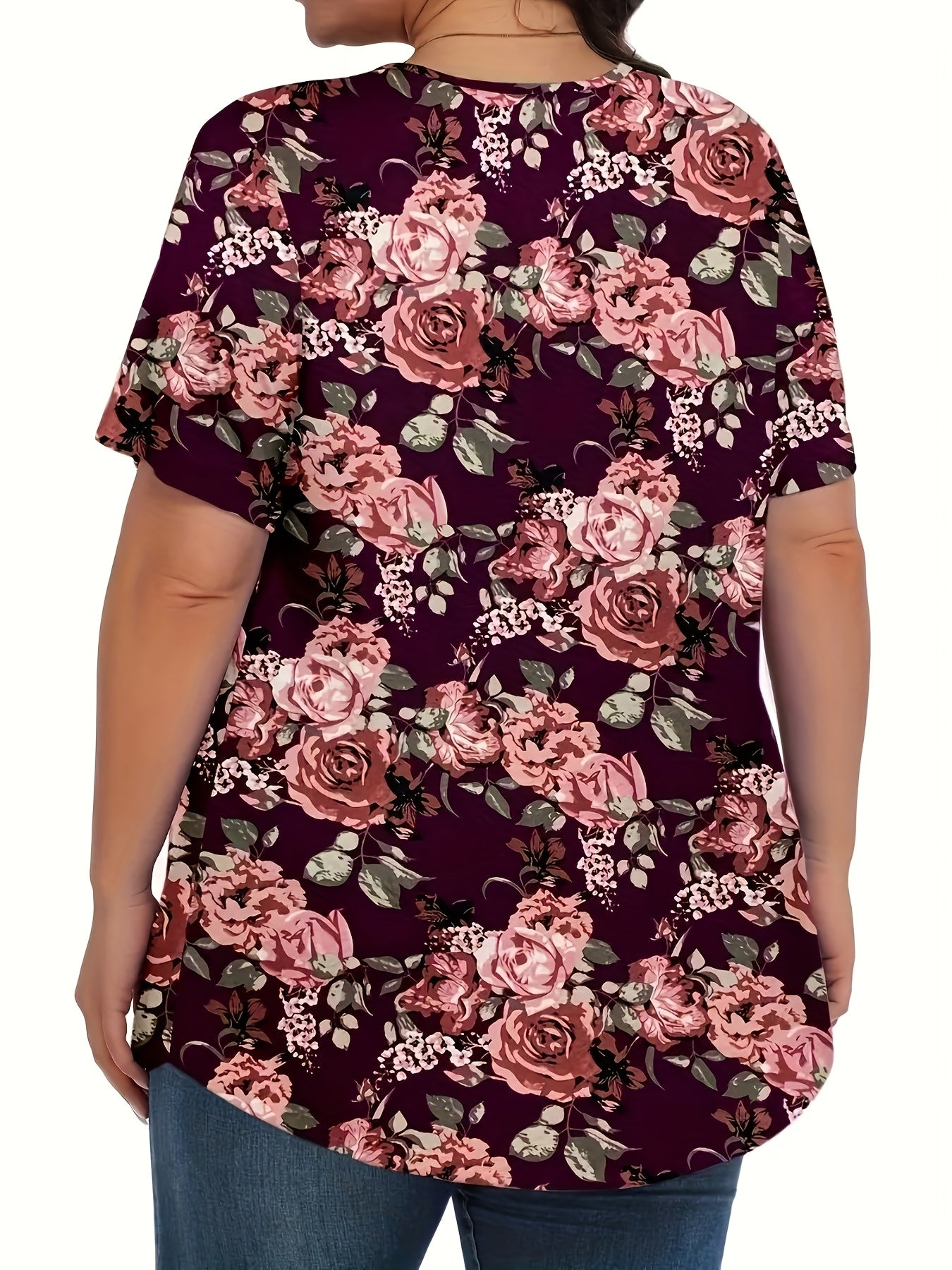 Women's Plus Size V-Neck Blouse - Middle Eastern-Inspired Floral Print Digital, Stretchy Machine-Washable Fabric, All-Season Casual & Formal