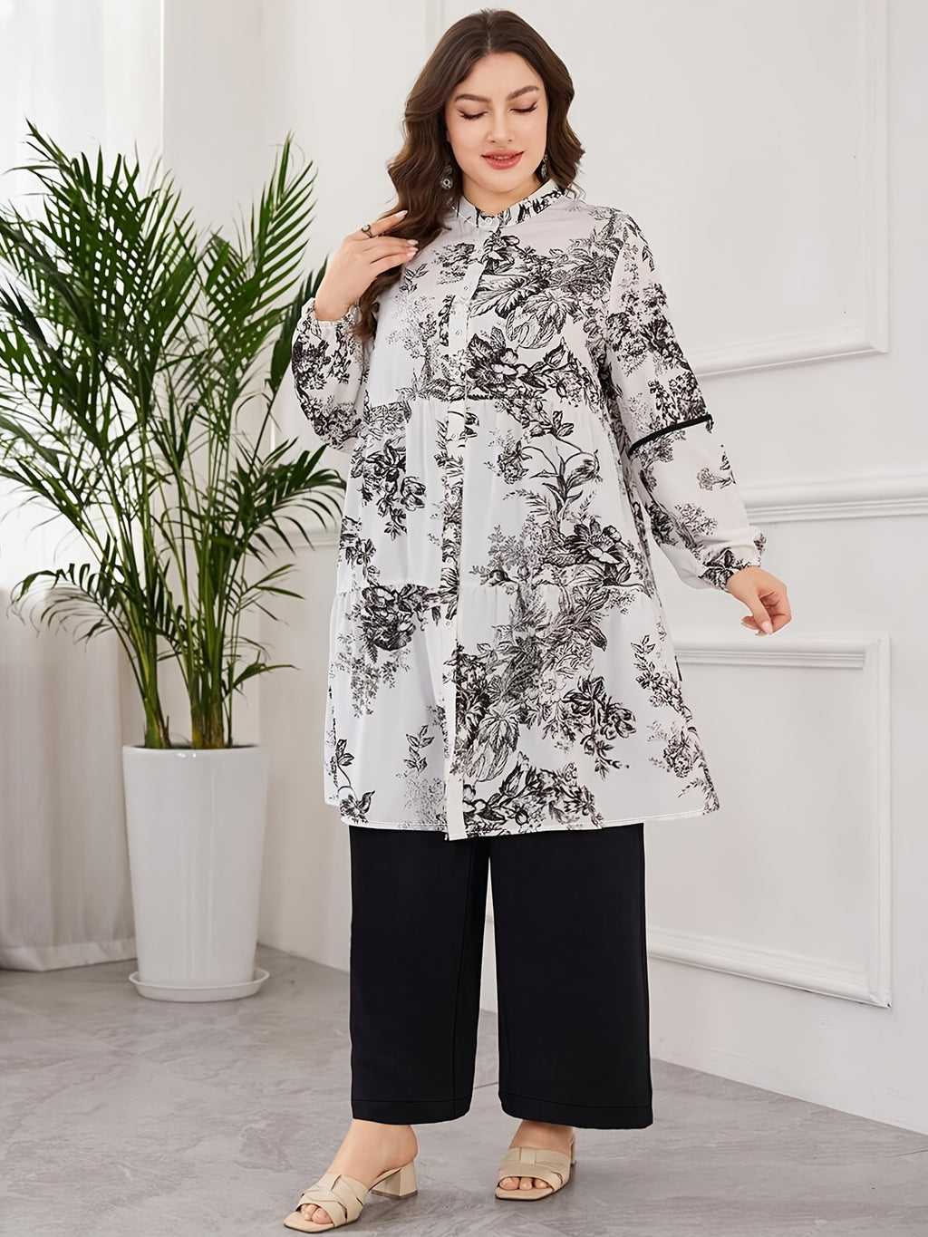 Plus Size 2pcs Set, Fashion Women's Floral Print Shirt Cardigan Top