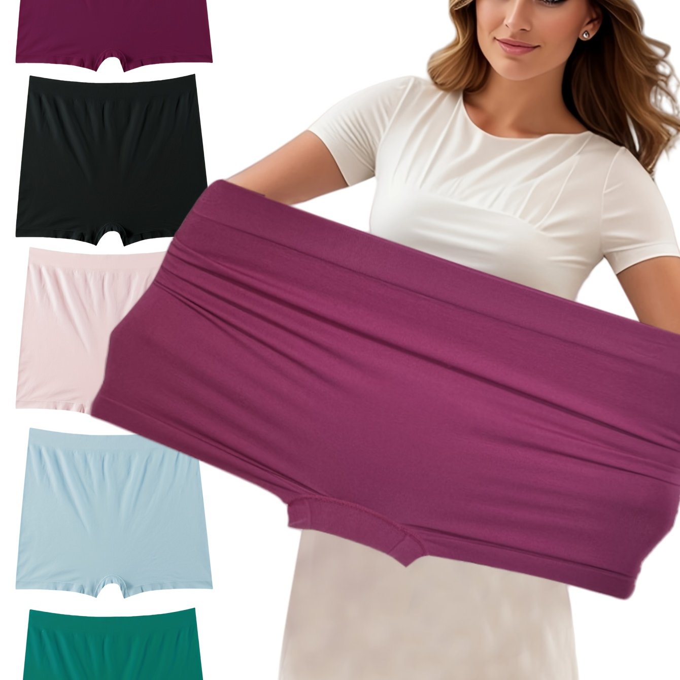 5pcs Plus Size Women's High-Waist Seamless Boxer Briefs in Assorted Colors - Soft, Stretchy Knitted Fabric for Comfort | Ideal for Yoga, Fitness,