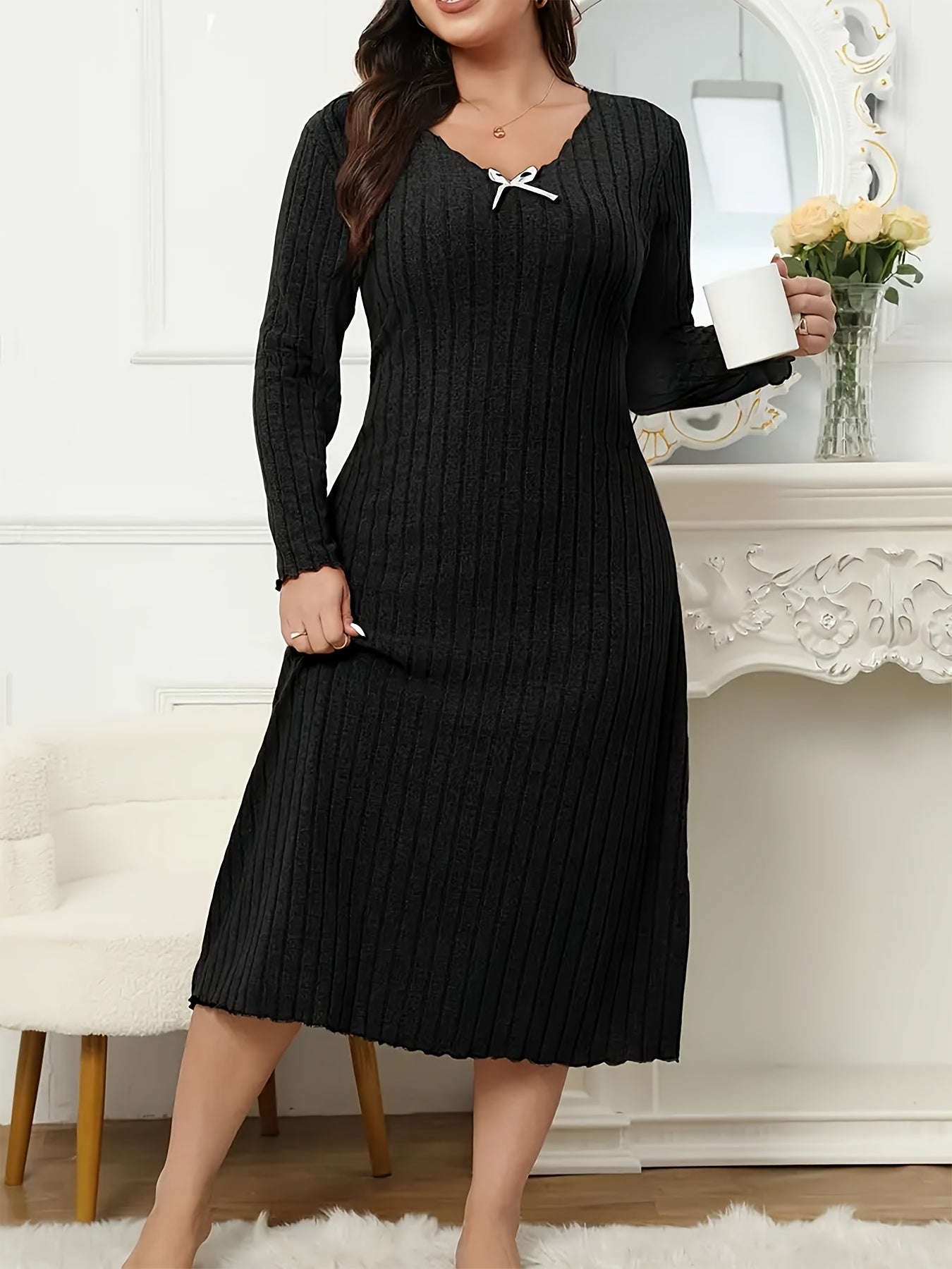 New Plus-Size Two-Piece Set: Comfortable Home Wear with Bow Neckline