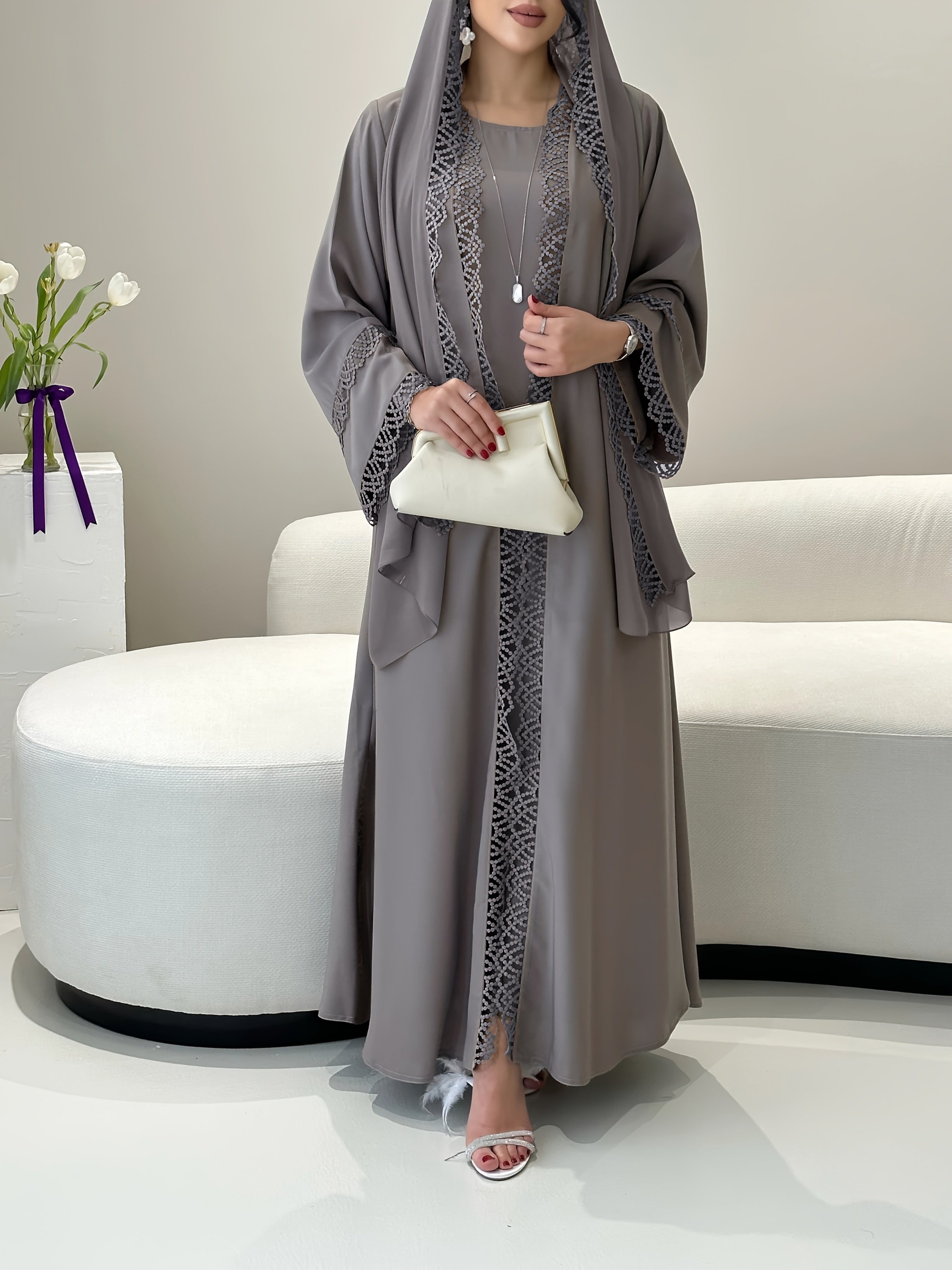 2pcs Set with Lace Trim Muslim Kaftan