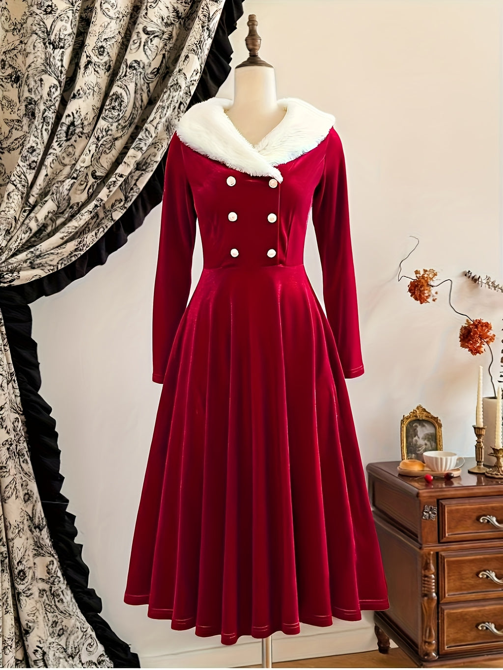 Women's Vintage Elegant Plush Jacket & Dress with Collar Christmas Party New Year