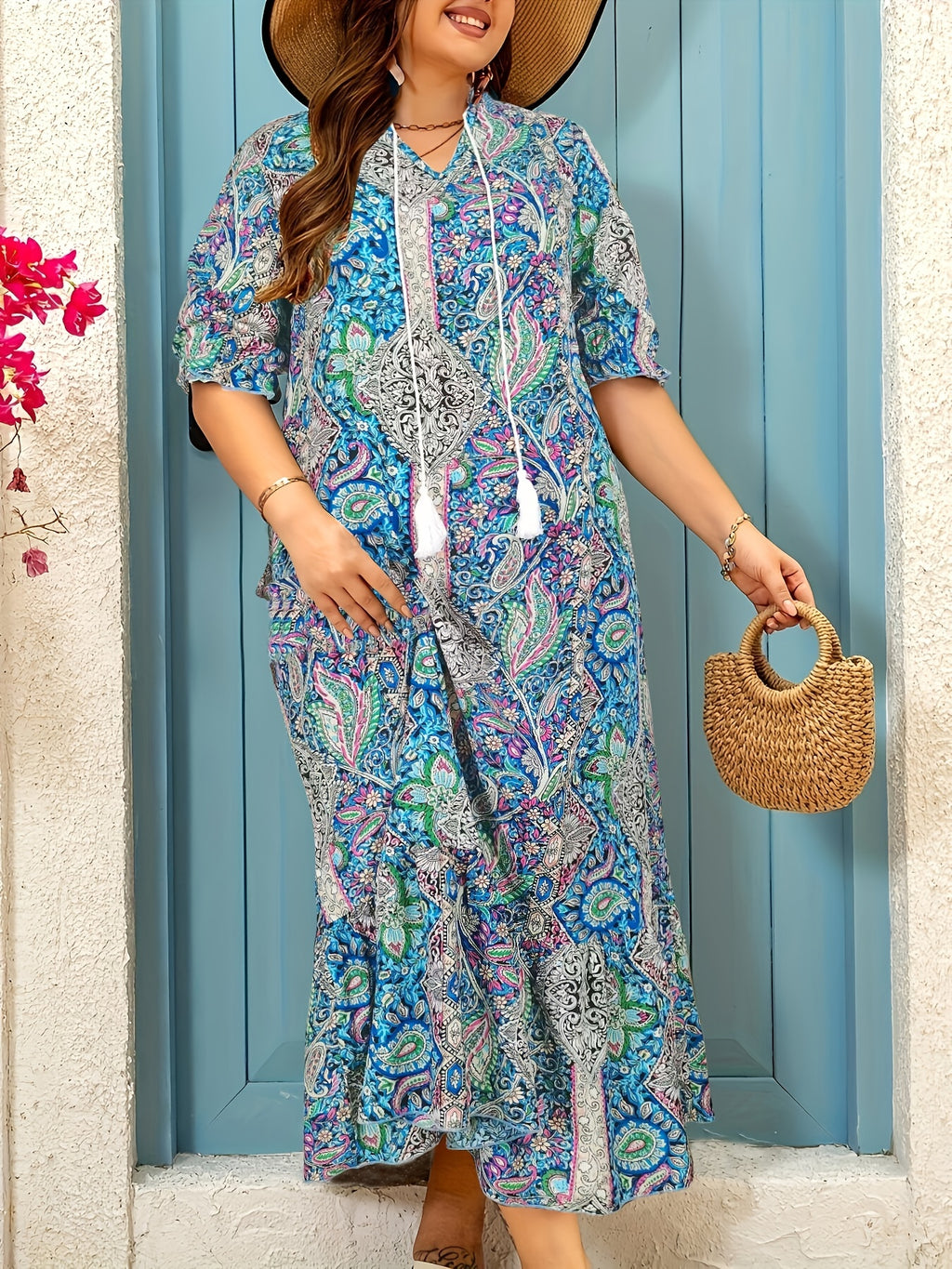 Plus Size, Full-body print dress with ruffled cuffs and hem