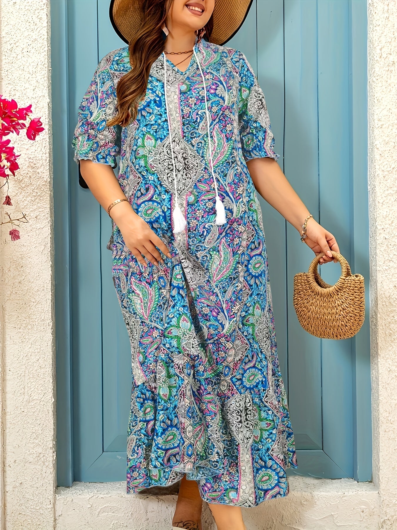 Plus Size, Full-body print dress with ruffled cuffs and hem