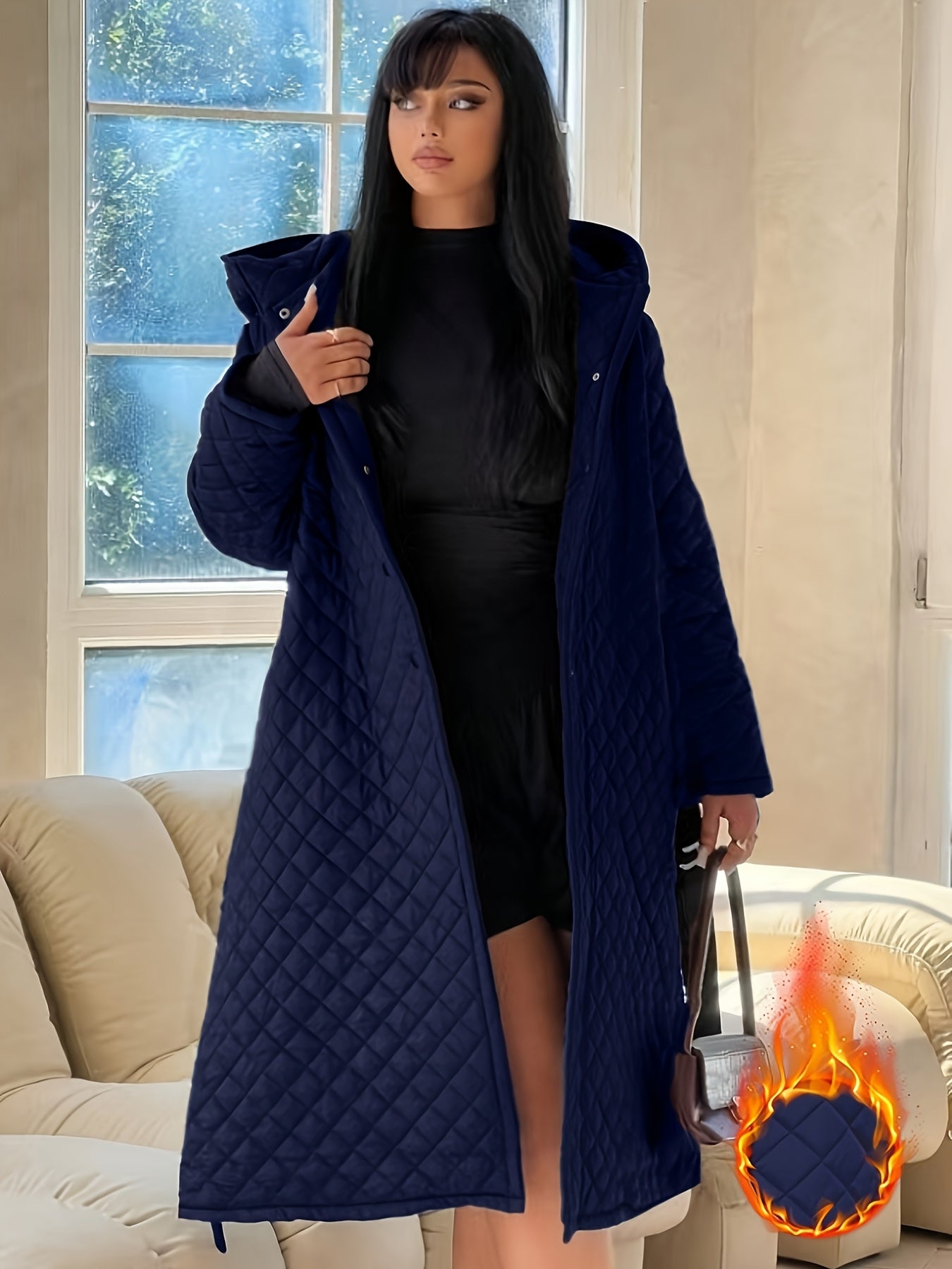 Elegant Fashion Quilted Over-the-Knee Dress with a Loose Hooded Design, Featuring a Belt for Women.