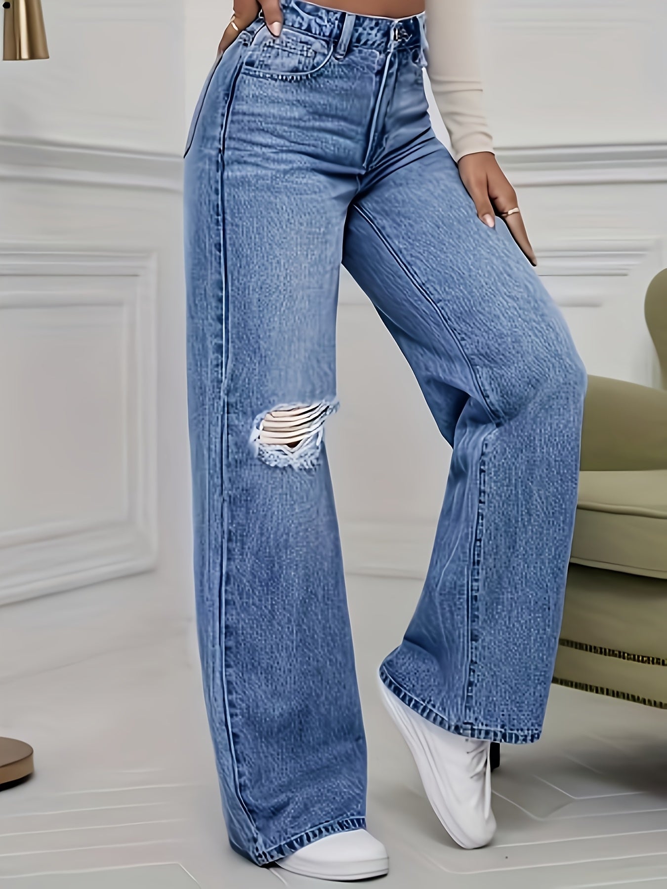 New European and American Plus Size Women's Straight-Leg Distressed Jeans