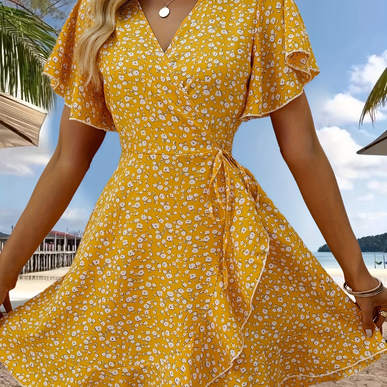 Cross Neck Ruffled Sleeve Dress