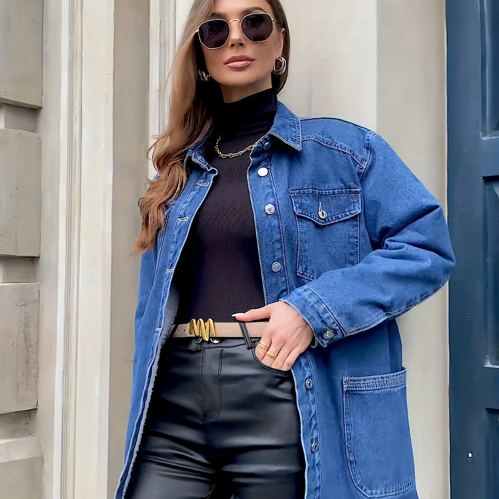 Morin's Elegant Heavy-Duty Mid-Length Denim Jacket with Golden-Tone Hardware & Multiple Chest Pockets