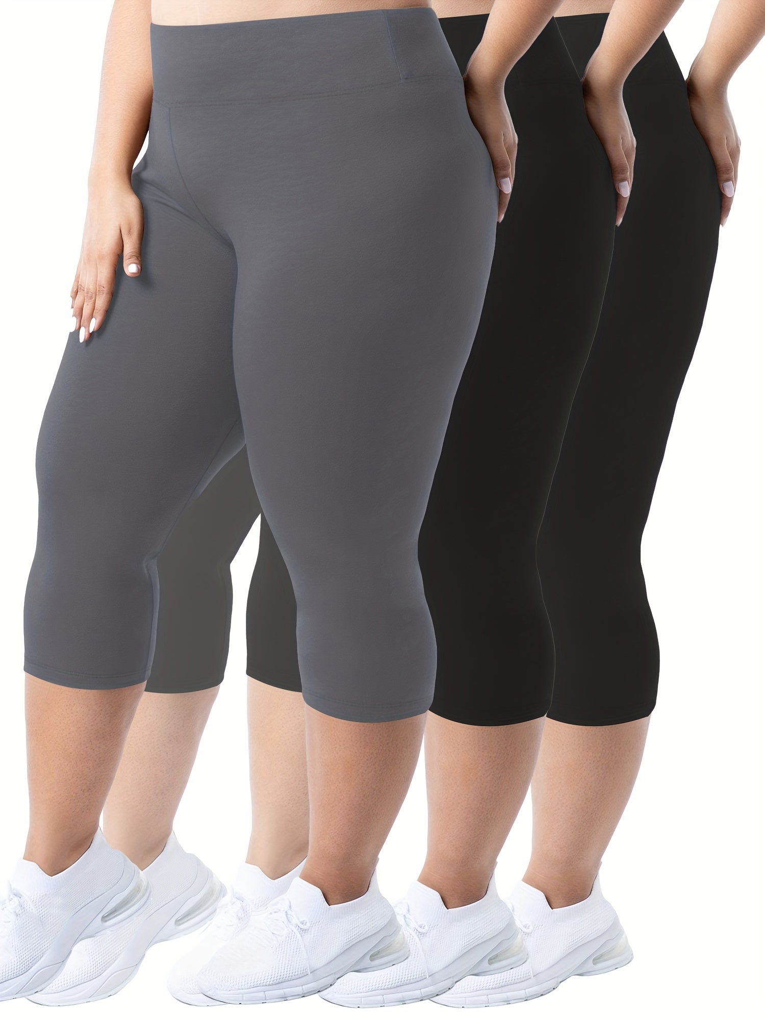 Plus Size - 3pcs High-Waist Capri Leggings for Women