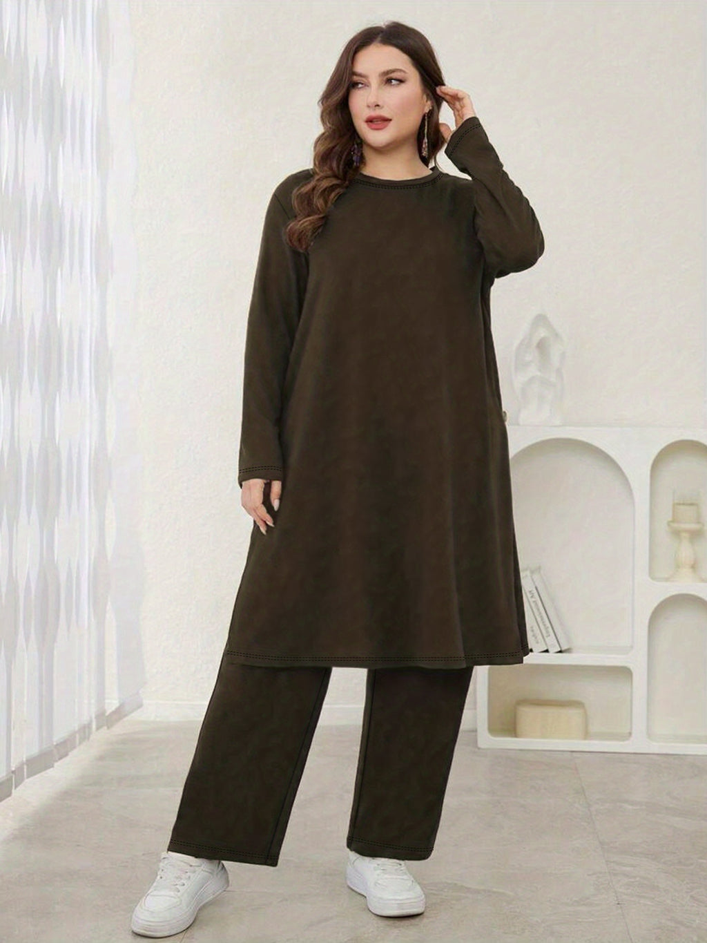 Plus Size, 2pcs Elegant Maxi Matching Outfit - Oversized Wide-Leg Pants & Slit Maxi Dress