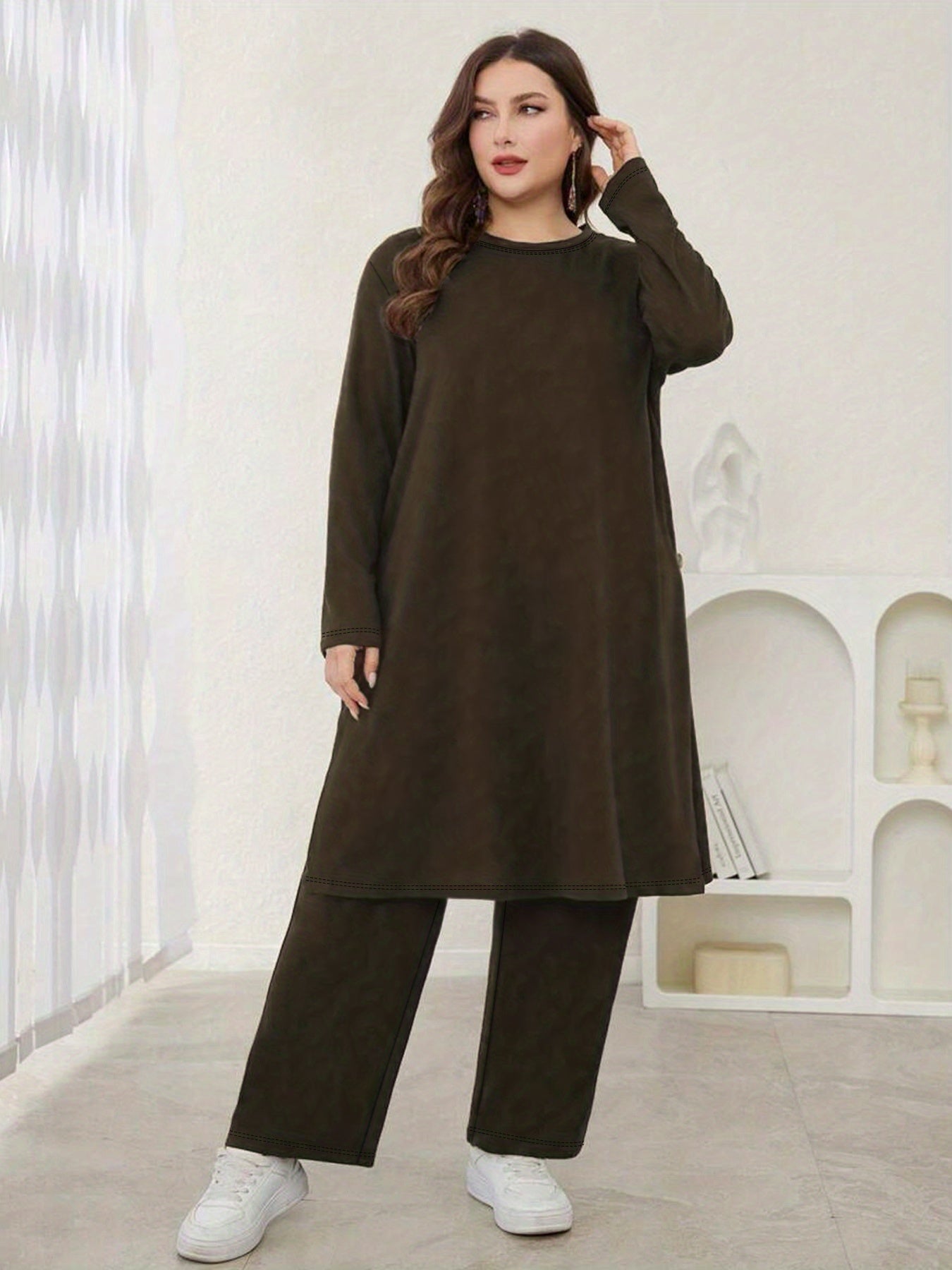 Plus Size, 2pcs Elegant Maxi Matching Outfit - Oversized Wide-Leg Pants & Slit Maxi Dress