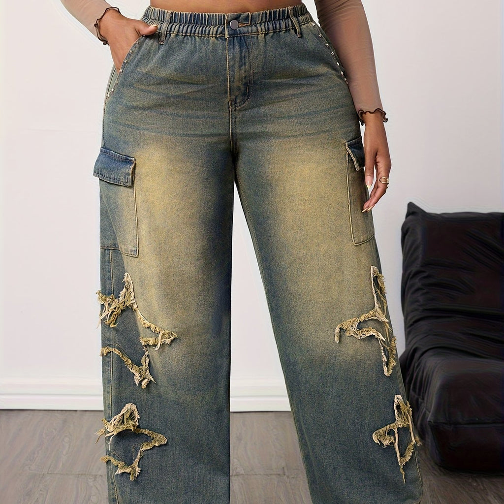 Women's Plus Size Wide-Leg Frayed Hem Distressed Jeans - High-Waisted Wash Blue Denim Pants