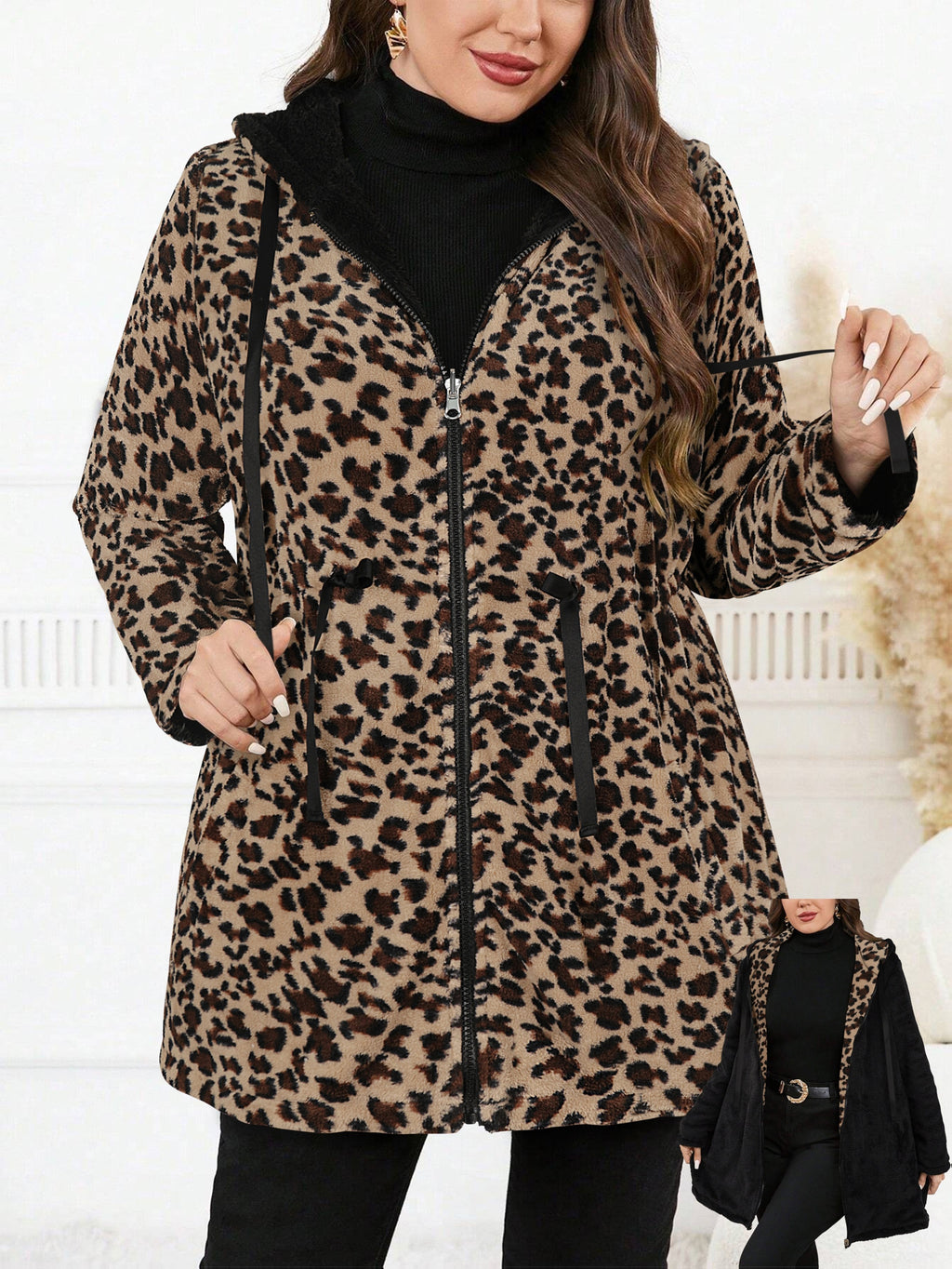 Plus Size Oversized Reversible Leopard Print Fleece Hoodie for Women