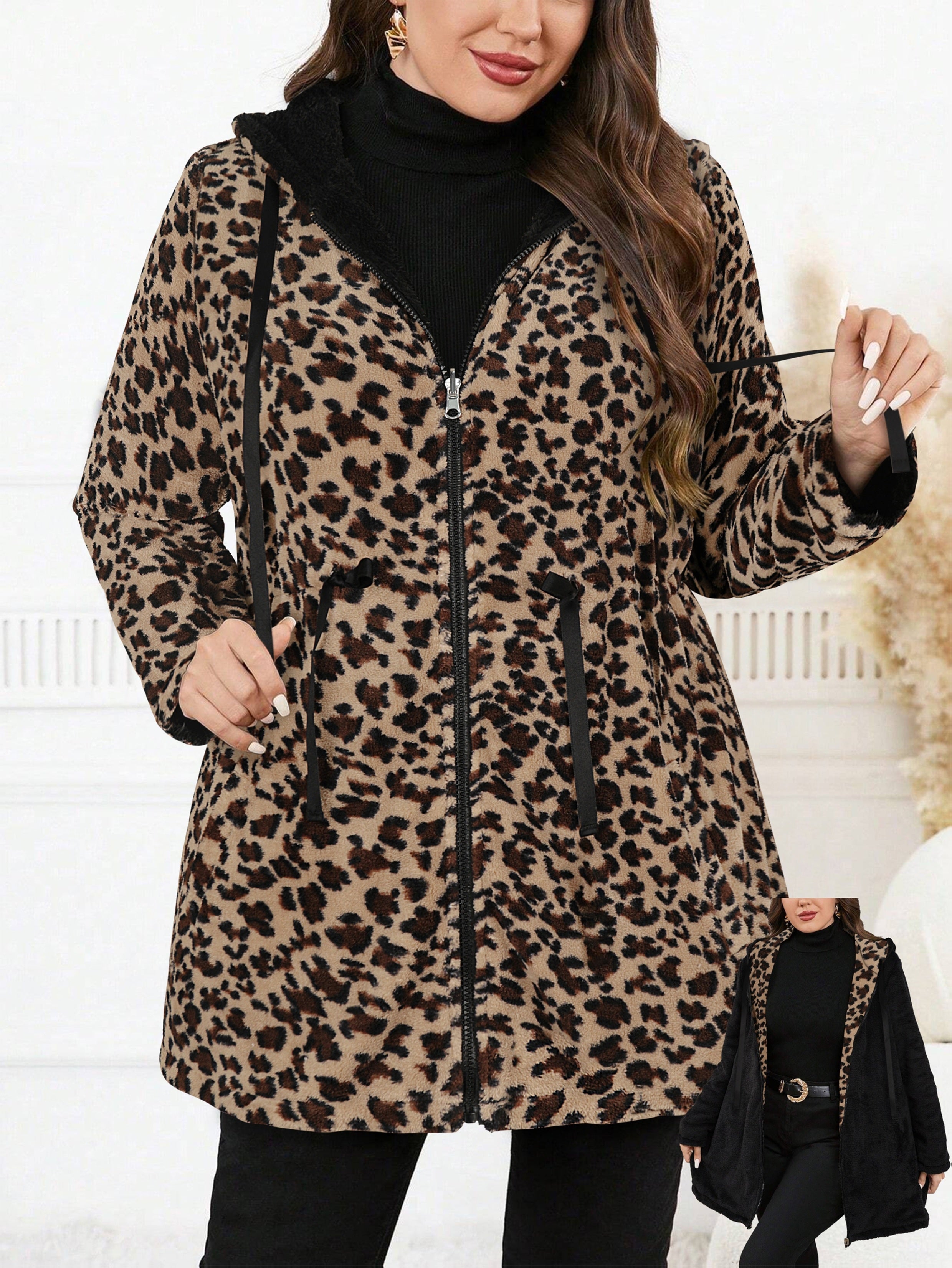 Plus Size Oversized Reversible Leopard Print Fleece Hoodie for Women