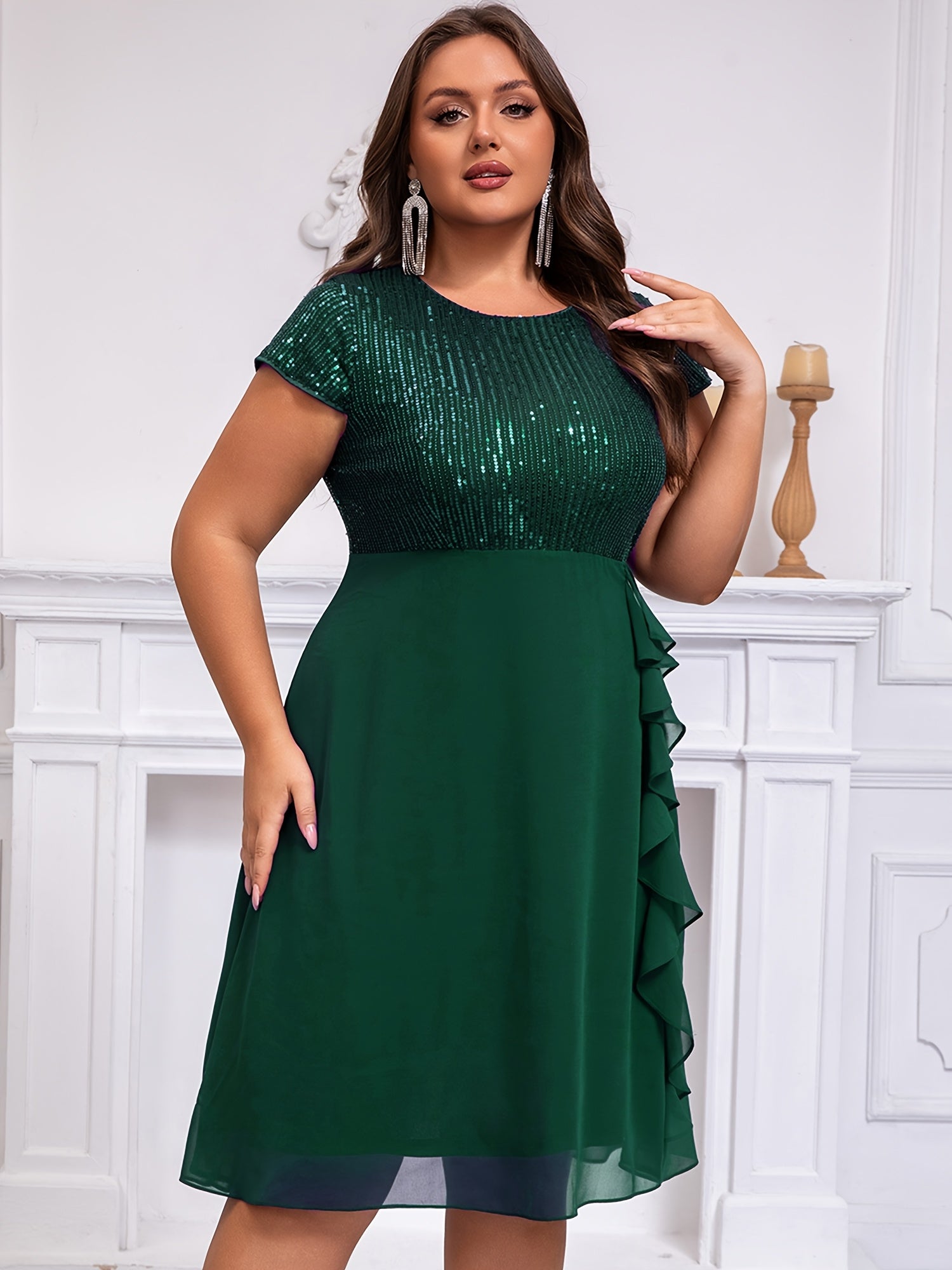 Women'S Plus-Size Chiffon Dress with Sequin Patchwork Party Dress Eid Dress