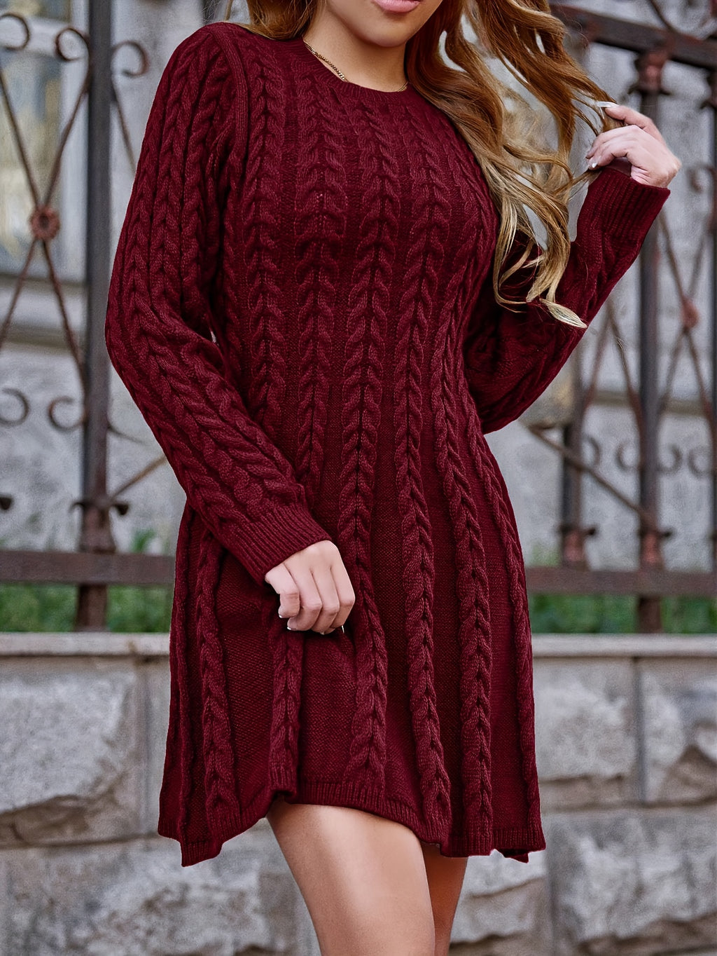 Women's Elegant Sweater Dress - Long Sleeve Round Neck Solid Color Sweater Dress