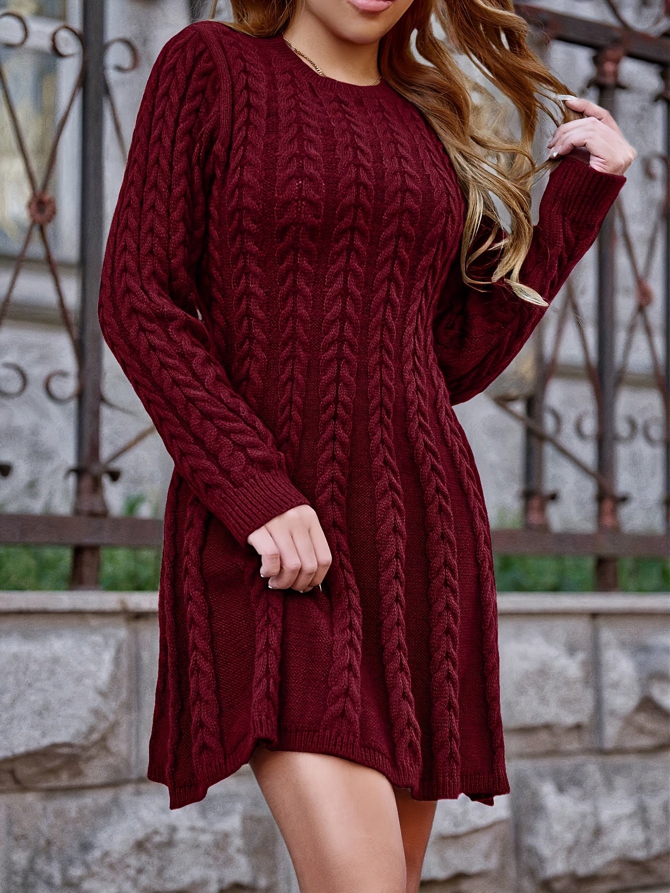 Women's Elegant Sweater Dress - Long Sleeve Round Neck Solid Color Sweater Dress