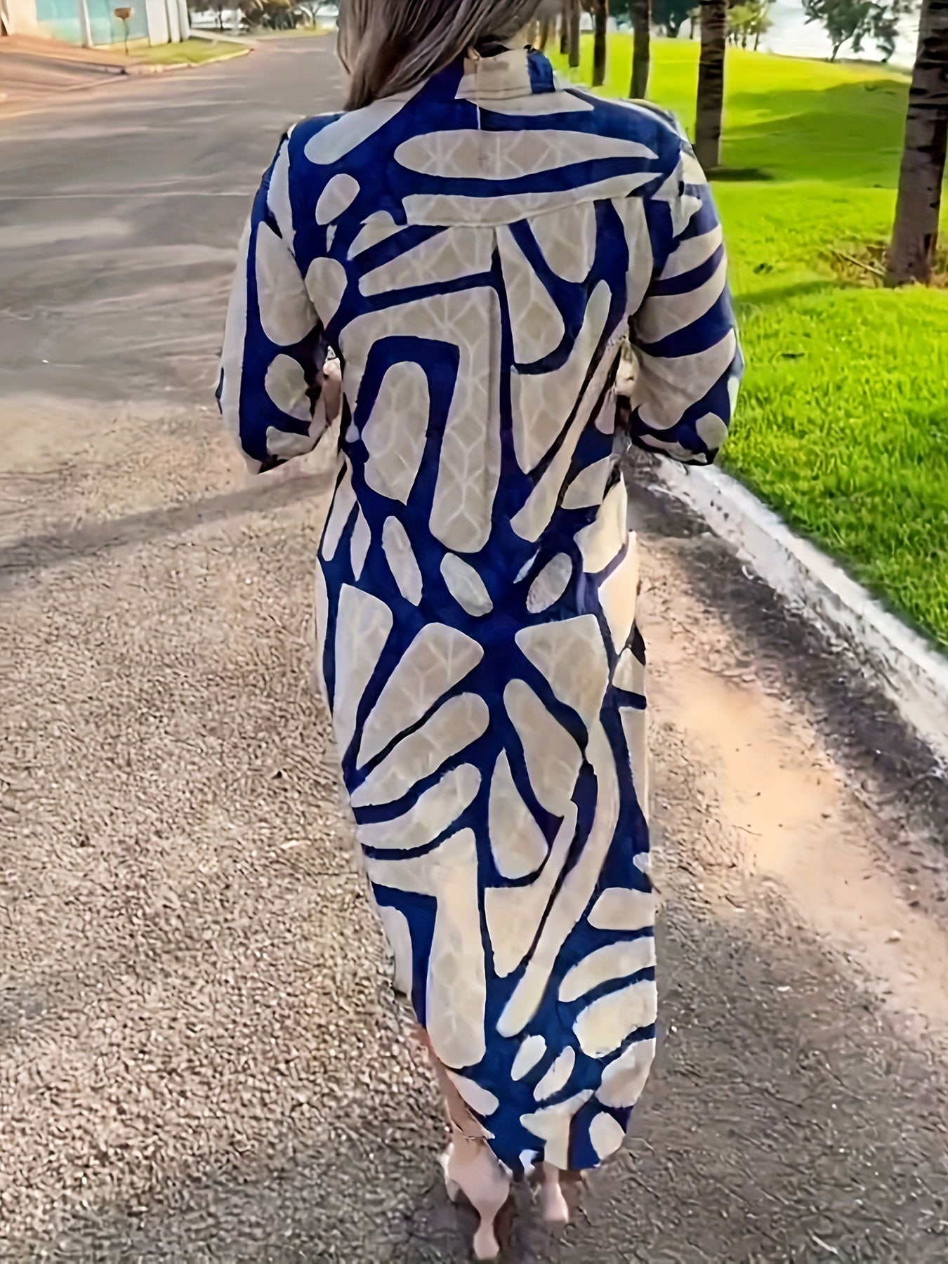 Allover Print Button Front Shirt Dress, Elegant Long Sleeve Loose Fit Dress