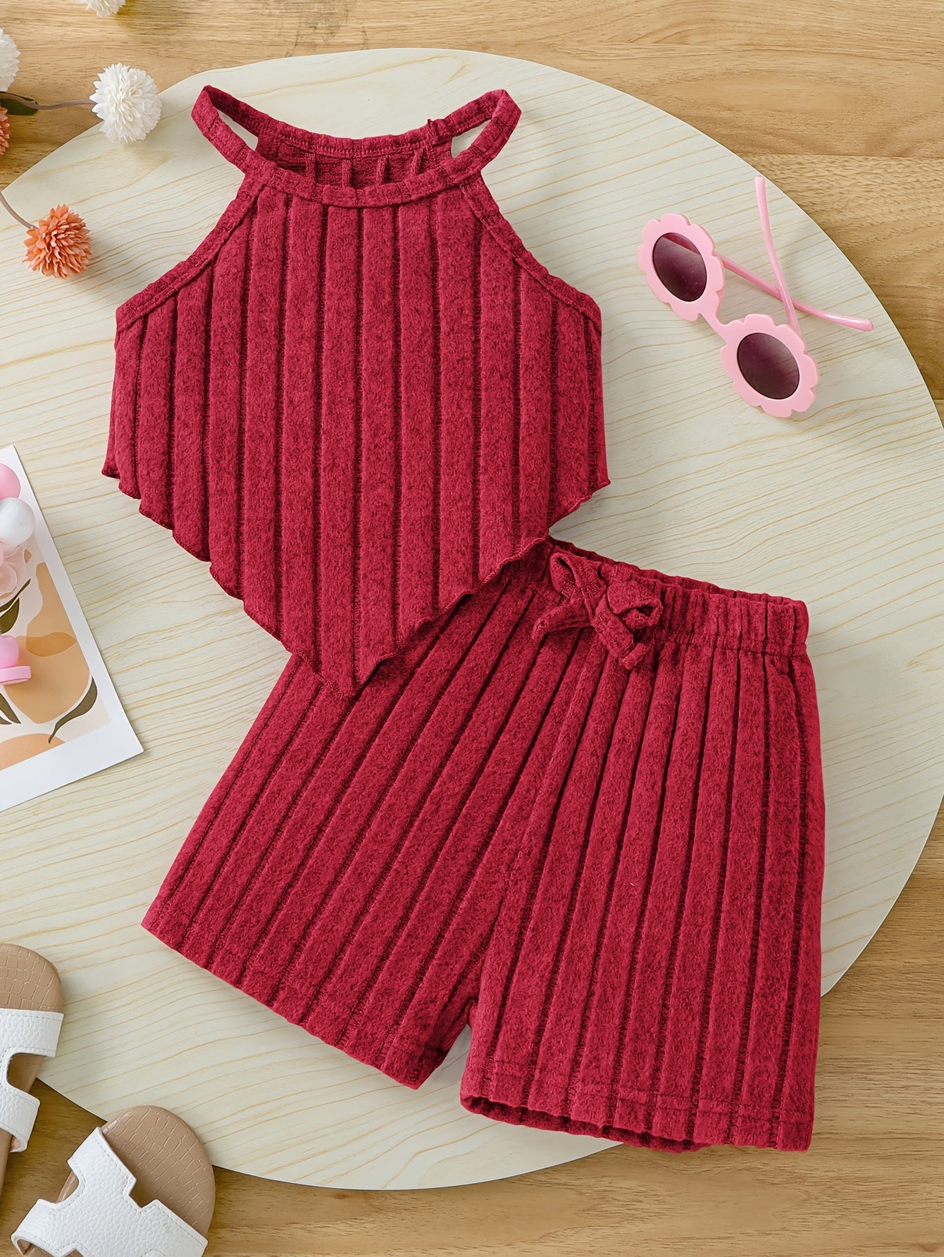 2pcs Summer Girls' Solid Color Crop Top and Bow-Decorated Striped Pants Set