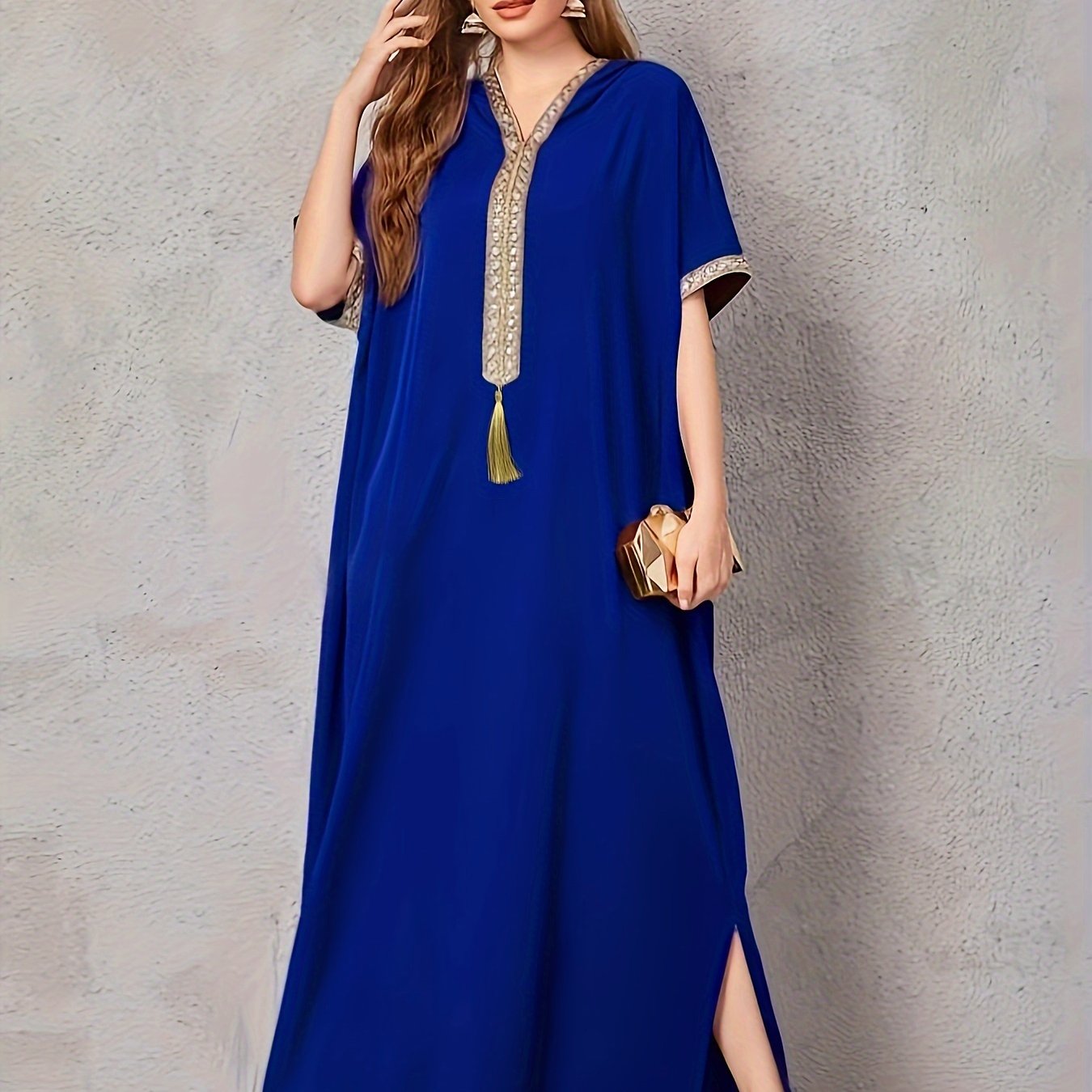 Contrast Trim V-neck Kaftan Dress, Elegant Batwing Sleeve