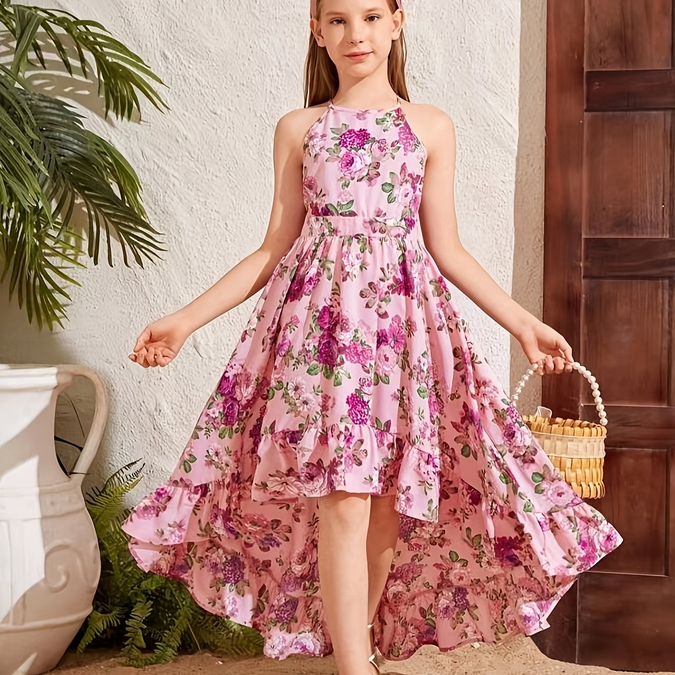 Sleeveless Off-Shoulder Elegant Floral Print Midi Dress for Teen Girls