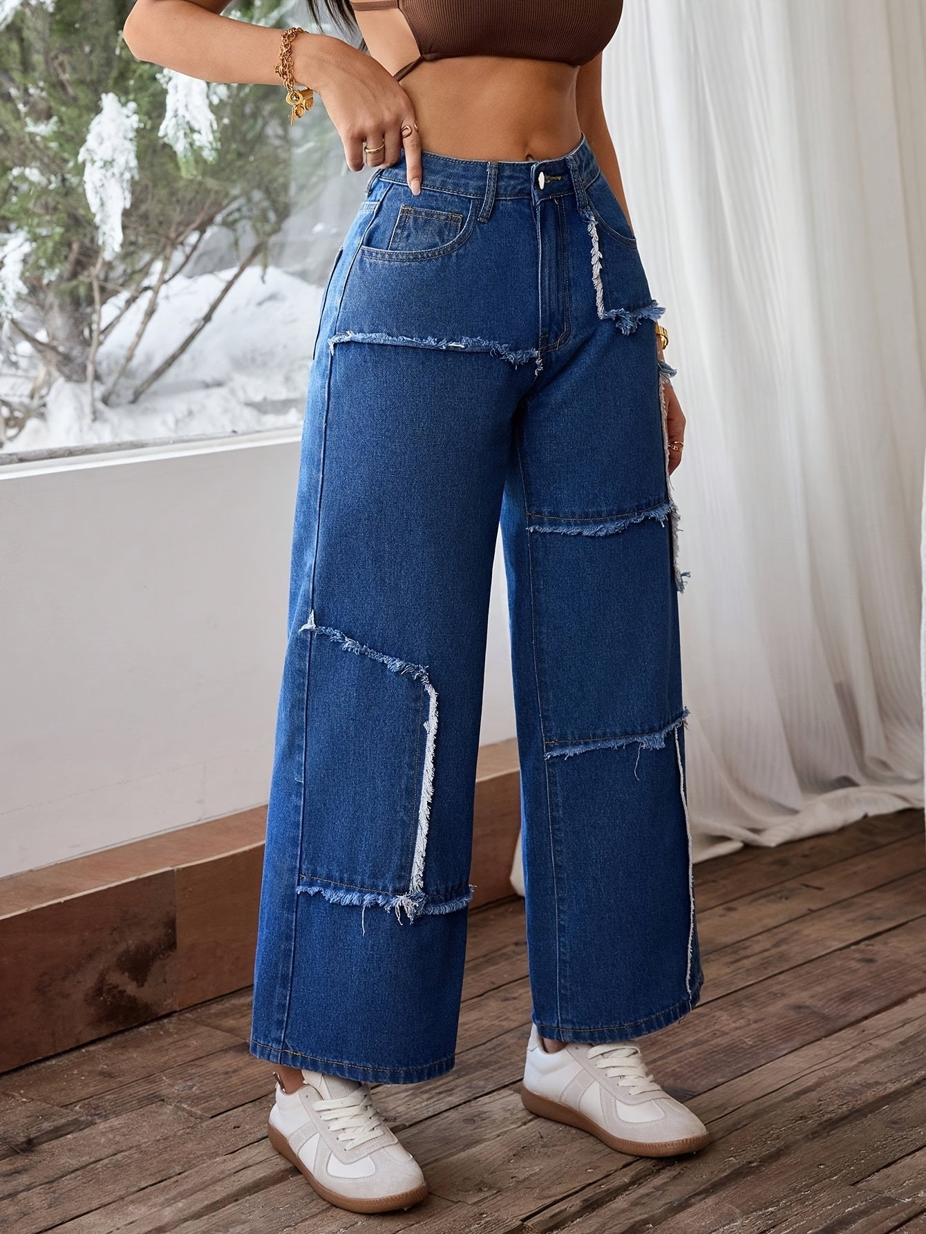 Women's Mid-Rise Stretch Denim Wide-Leg Pants - Asymmetrical Knee-Length Fringe Detail