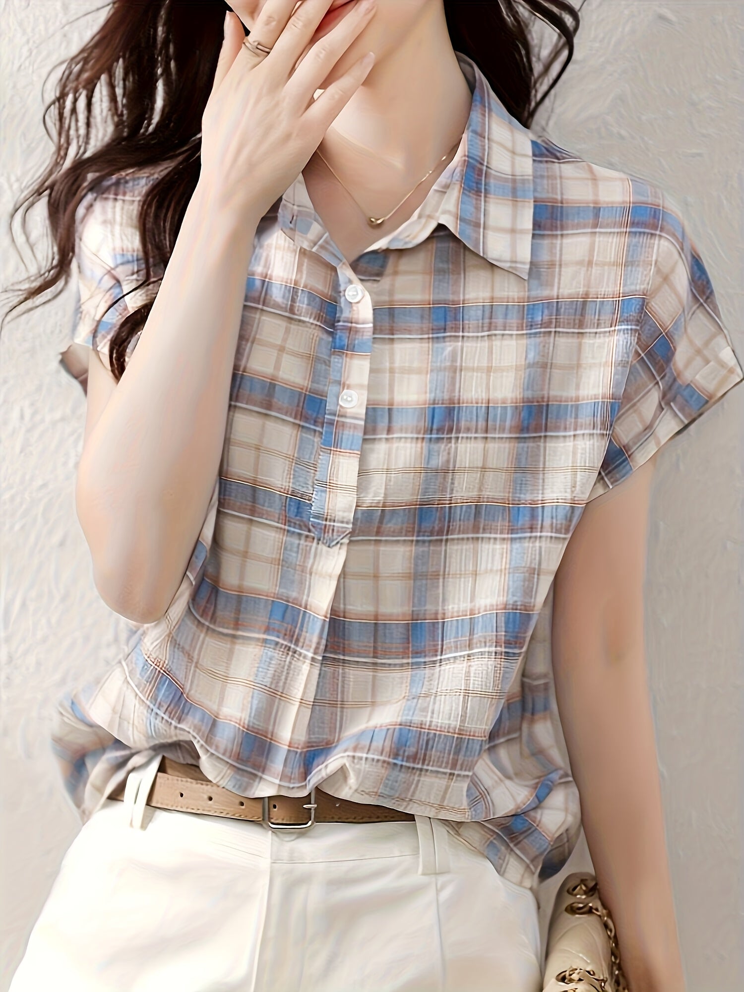 Women's Casual Plaid Blouse - Short Sleeve, Button-Up with Lapel Collar